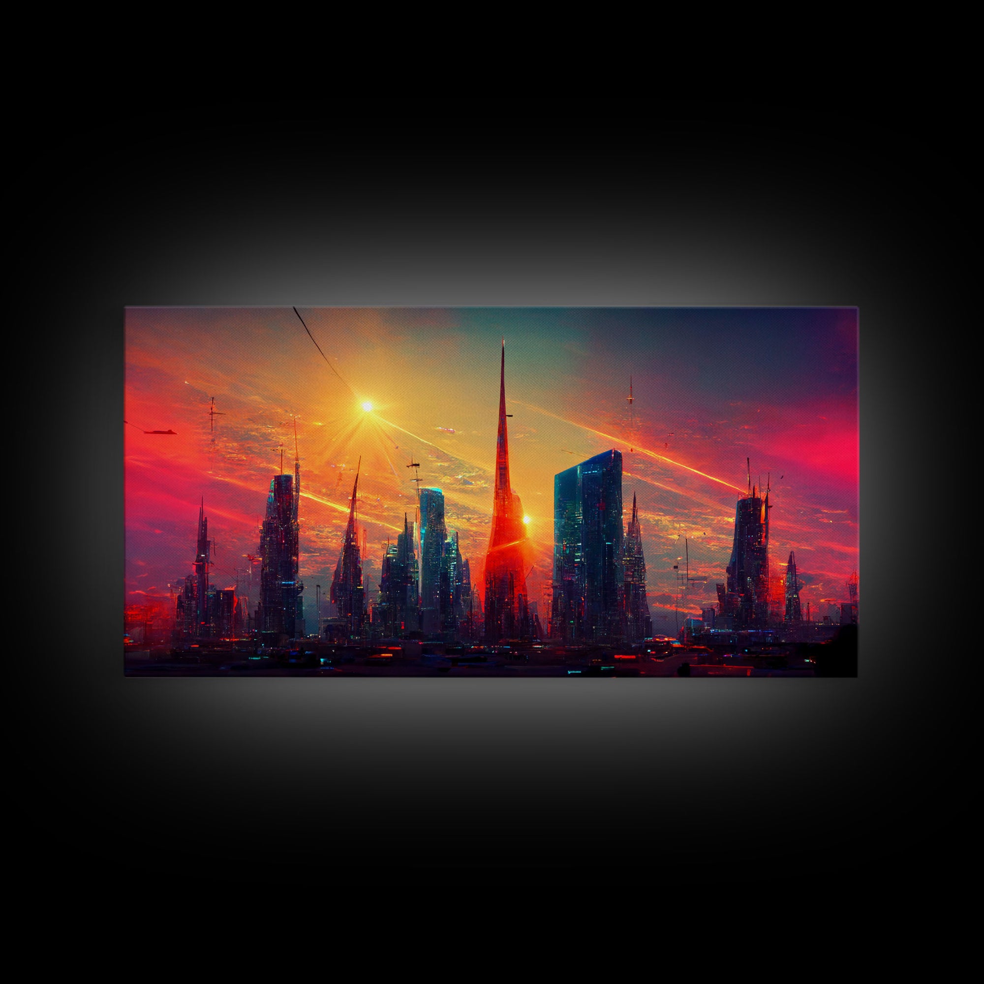 Dystopian Cyberpunk canvas print, cyber punk city at sunset, Bladerunner vibes art, synthwave style art, cool wall art, night city