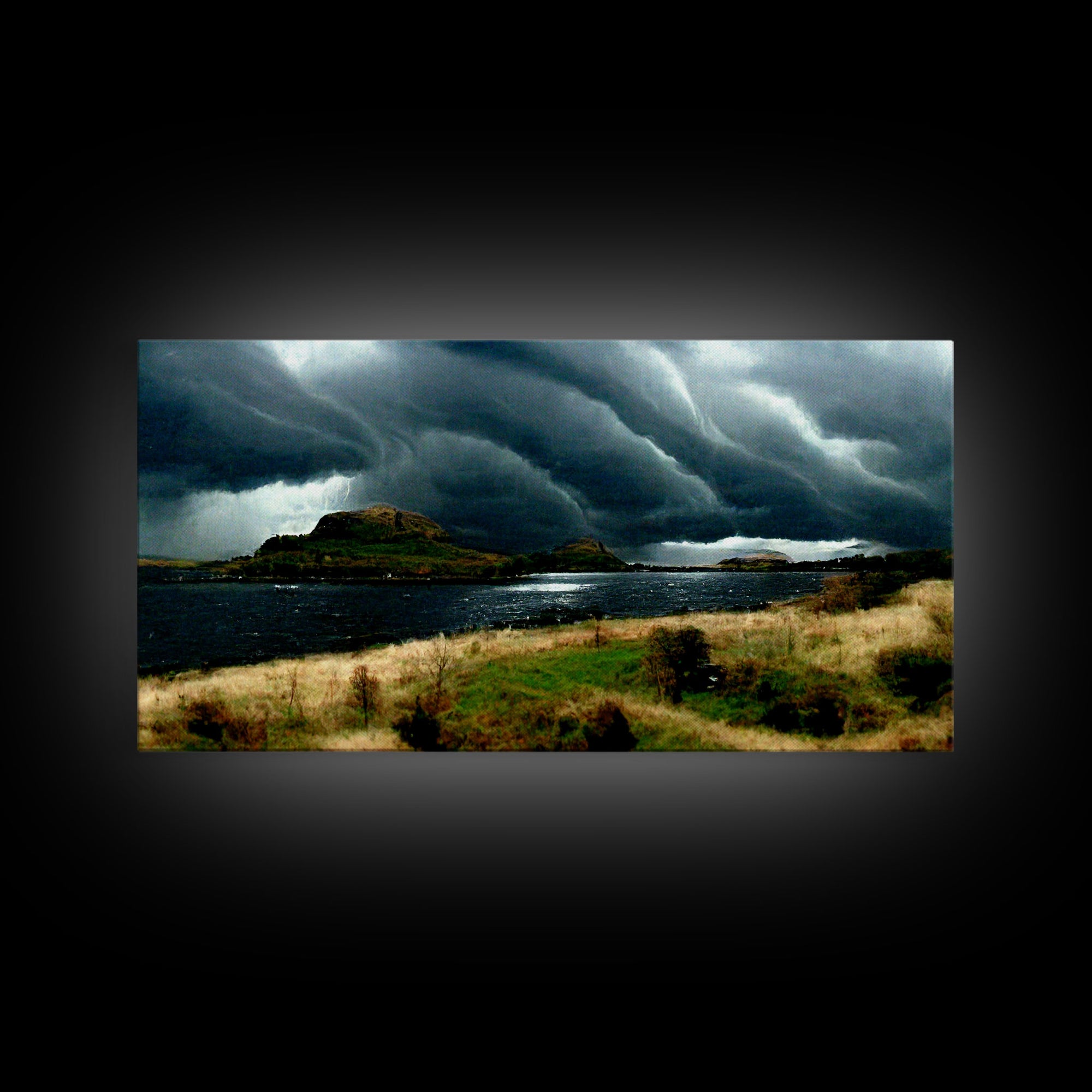 A Thunderstorm at night over the lake, canvas print, rain storm over a lake, cool wall art, unique wall art, ready to hang canvas