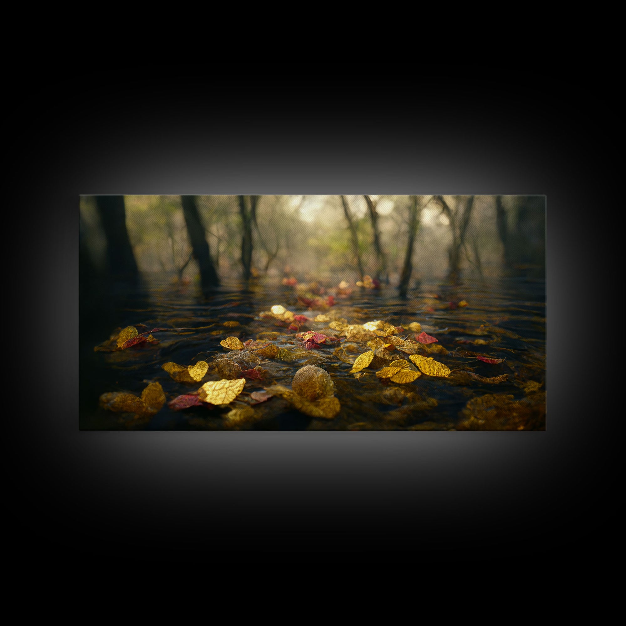 Fall leaves floating down the river, autumn, landscape and nature canvas print, oil painting style, neutral wall art