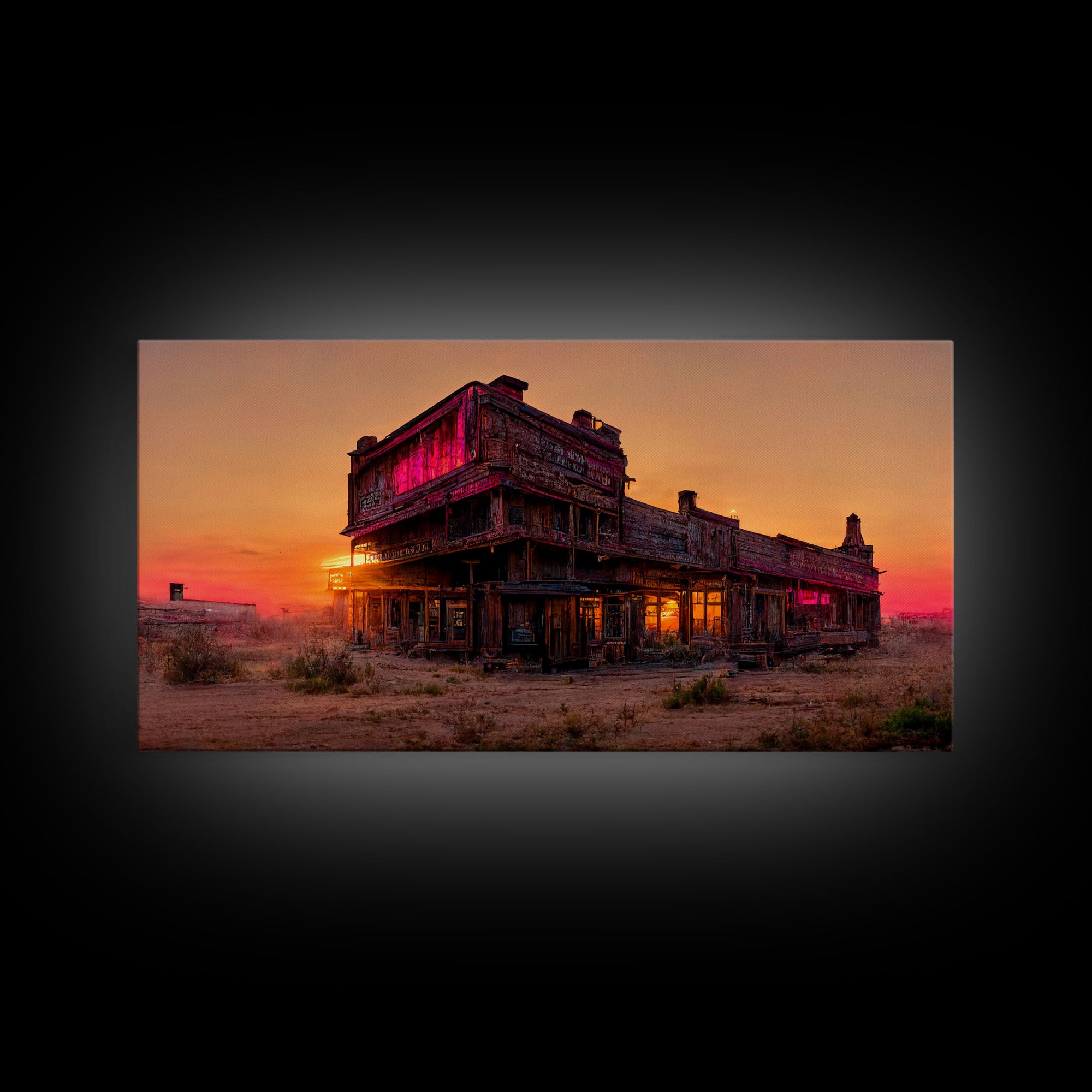 Abandoned wild west saloon at sunset canvas print, travel photography art, outrun sunset ready to hang wall art