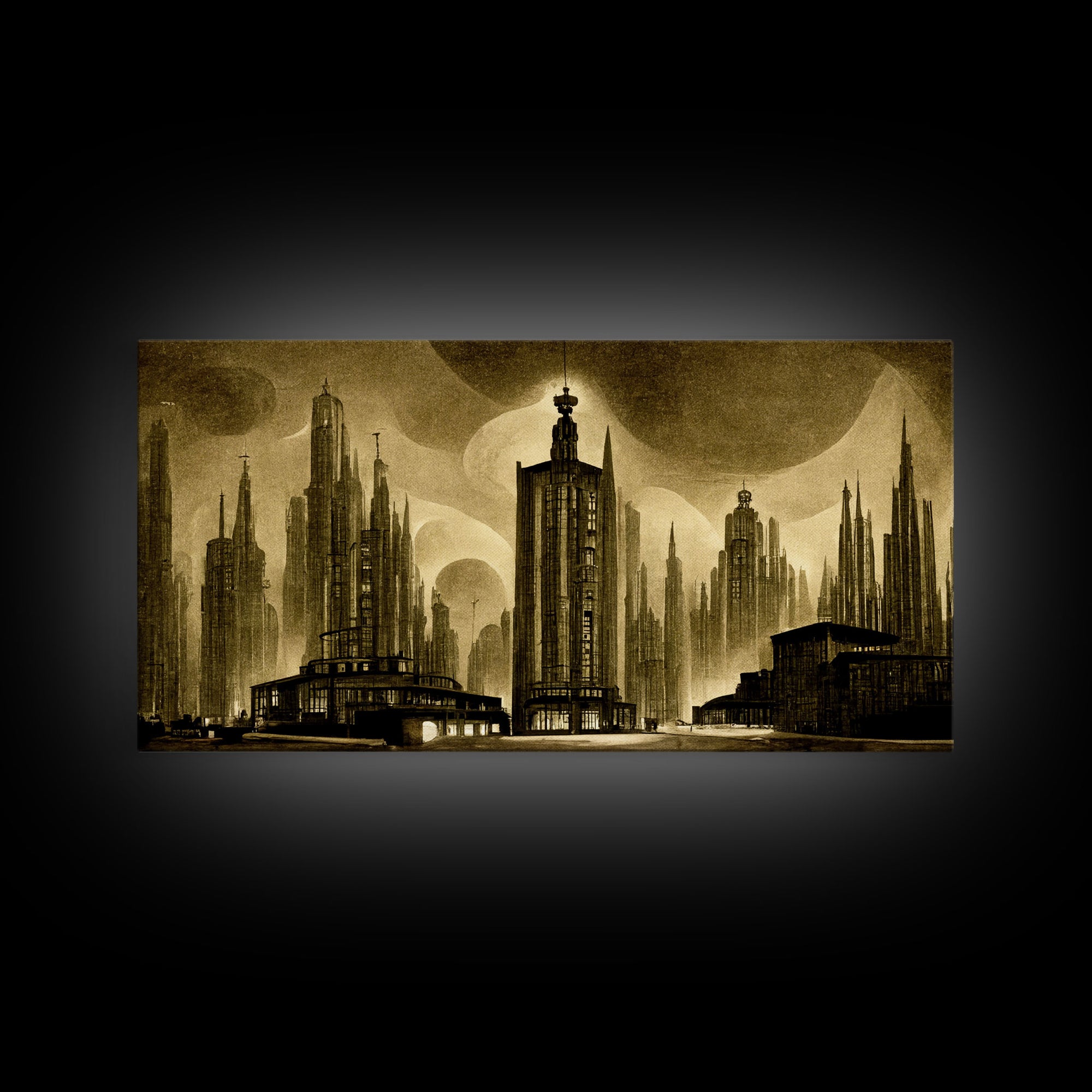 Dystopian Metropolis Art Deco Canvas Print, City Skyline, Fantasy Art, Art Deco Living Room Art, ready to hang wall art