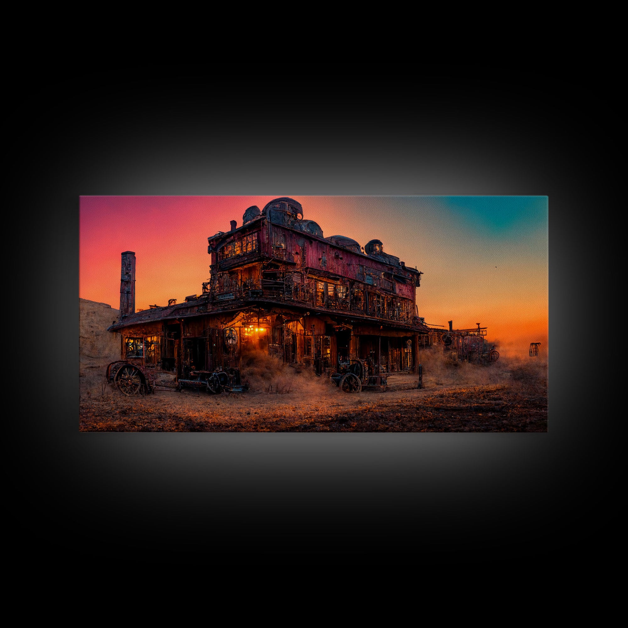 Synthwave Retro Wll Art, Dystopian steampunk wild west mashup, abandoned wild west saloon art, canvas print, ready to hang wall art