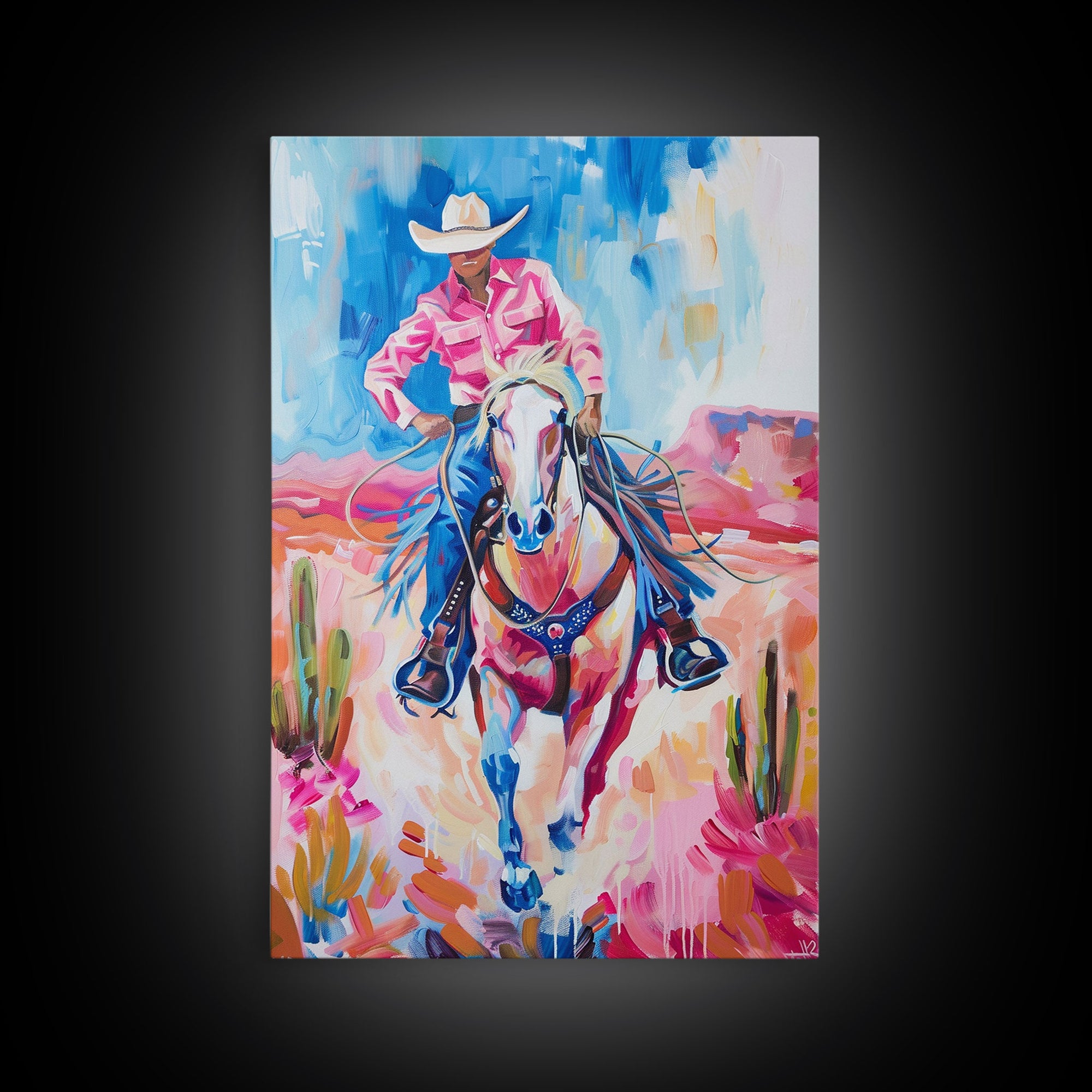 Vibrant Cowboy Riding Horse - Colorful Western Art, Framed Canvas Print, Living Room Decor, Cowboy Painting, Desert Wall Art