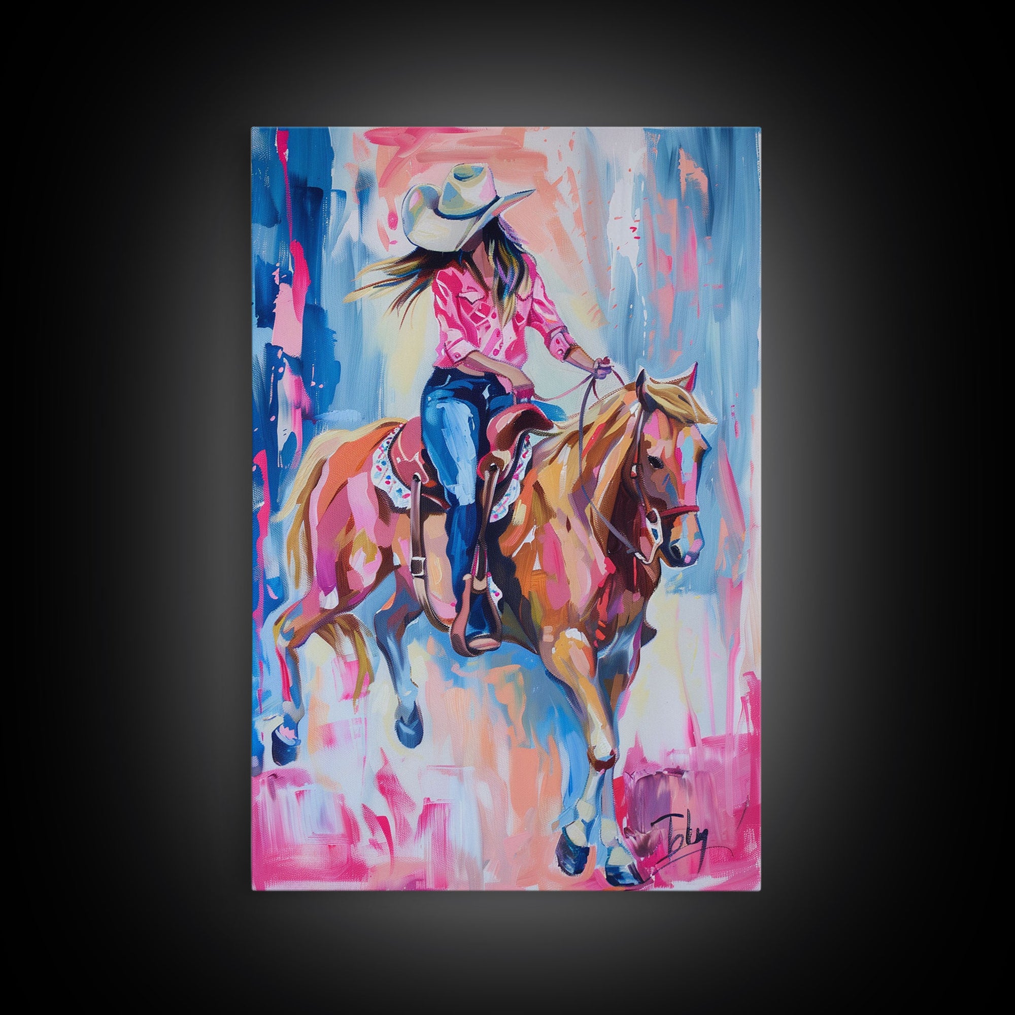 Stylish Cowgirl Riding Horse - Colorful Western Art, Framed Canvas Print, Living Room Decor, Cowgirl Painting, Vibrant Wall Art