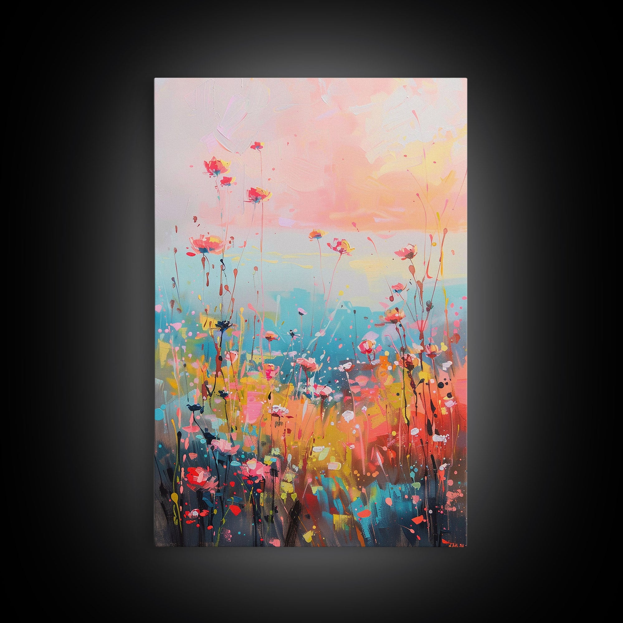 Abstract Floral Field at Sunset - Framed Canvas Print, Modern Living Room Art, Vibrant Bedroom Decor, Colorful Flower Art, Wall Art