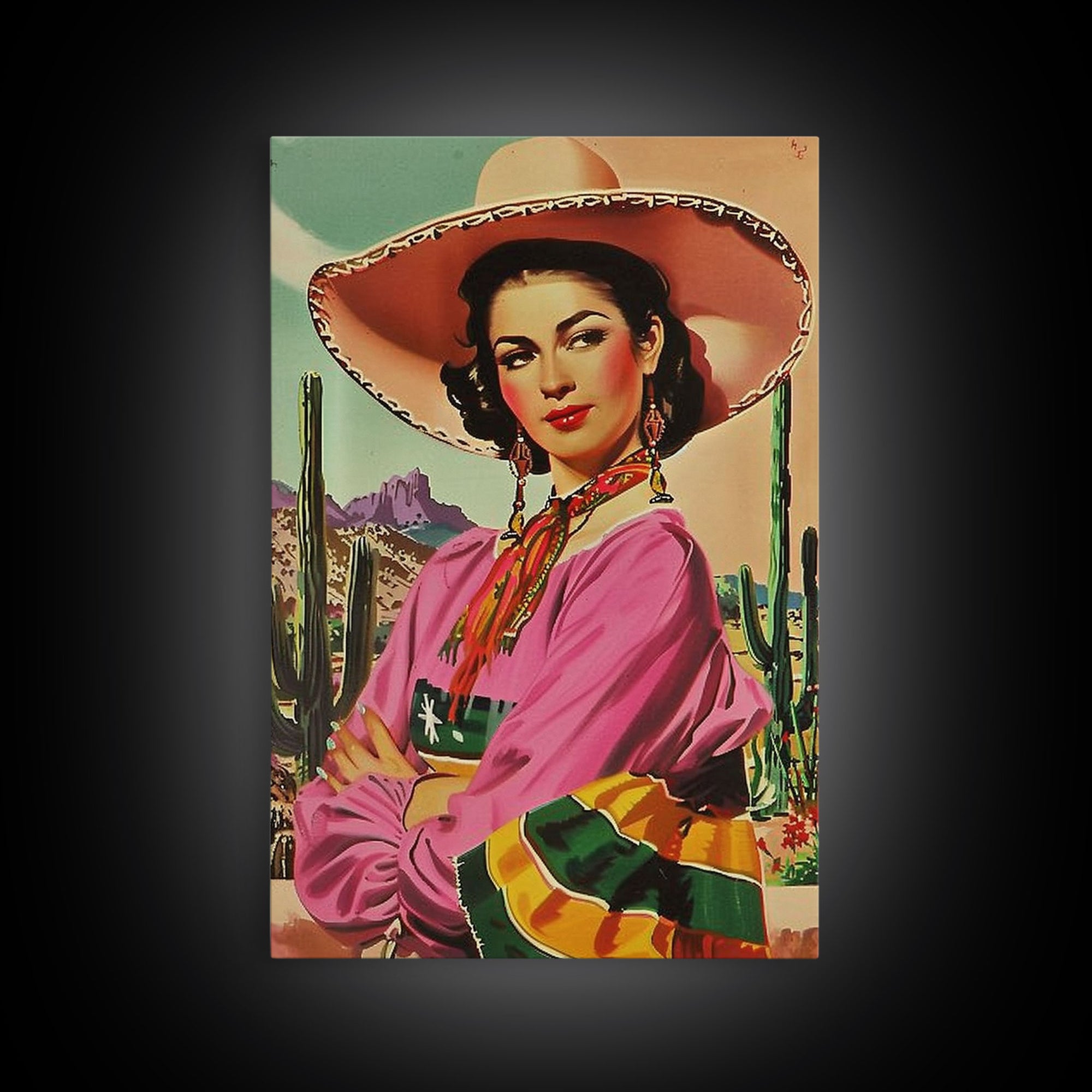 Western Portrait of a Latina Cowgirl with Cactus Background - Framed Canvas Print, Southwest Living Room Art Rustic Bedroom Decor, Retro Art