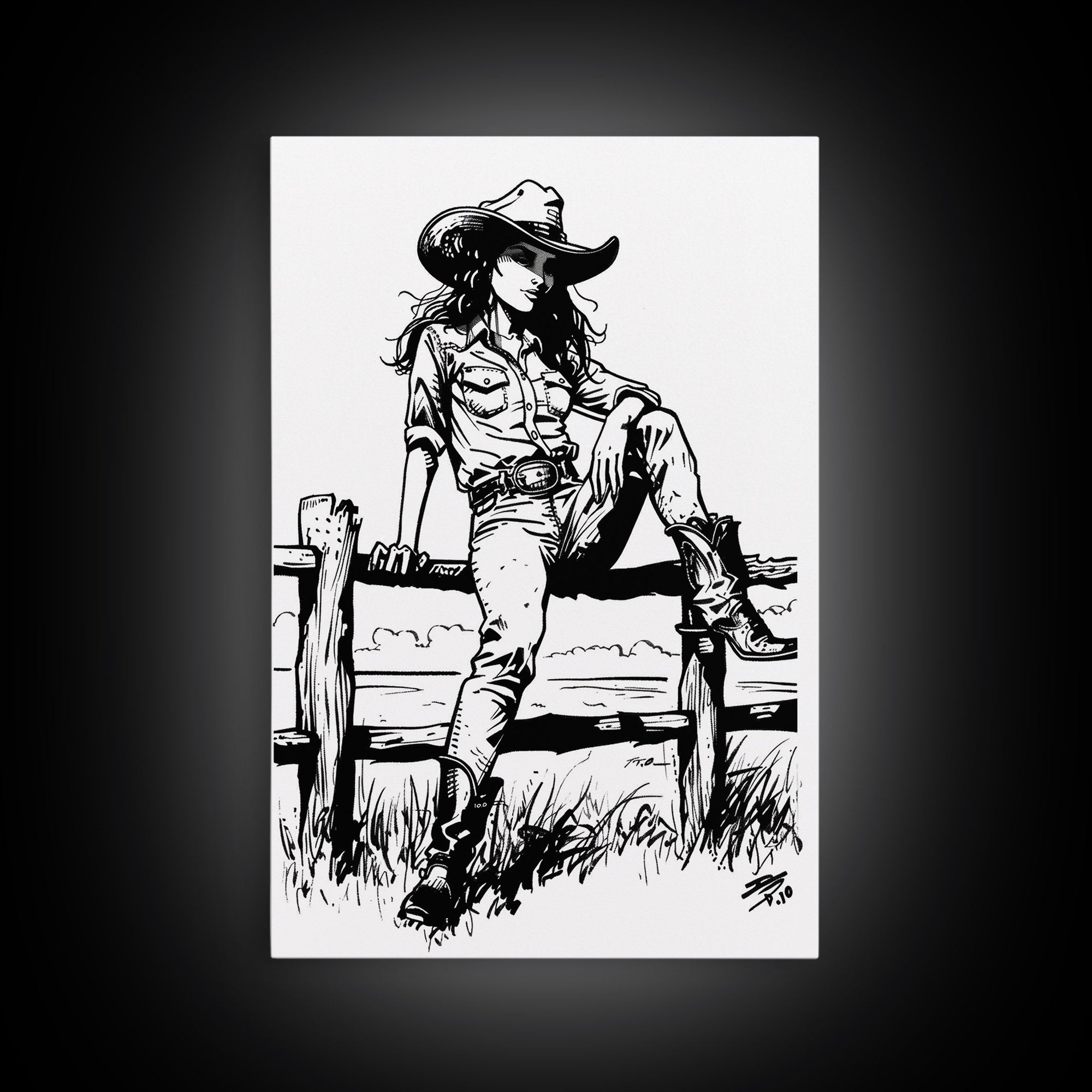 Western Cowgirl on Fence Art Print, Retro Silhouette Framed Canvas, Vintage Western Art, Unique Home Decor