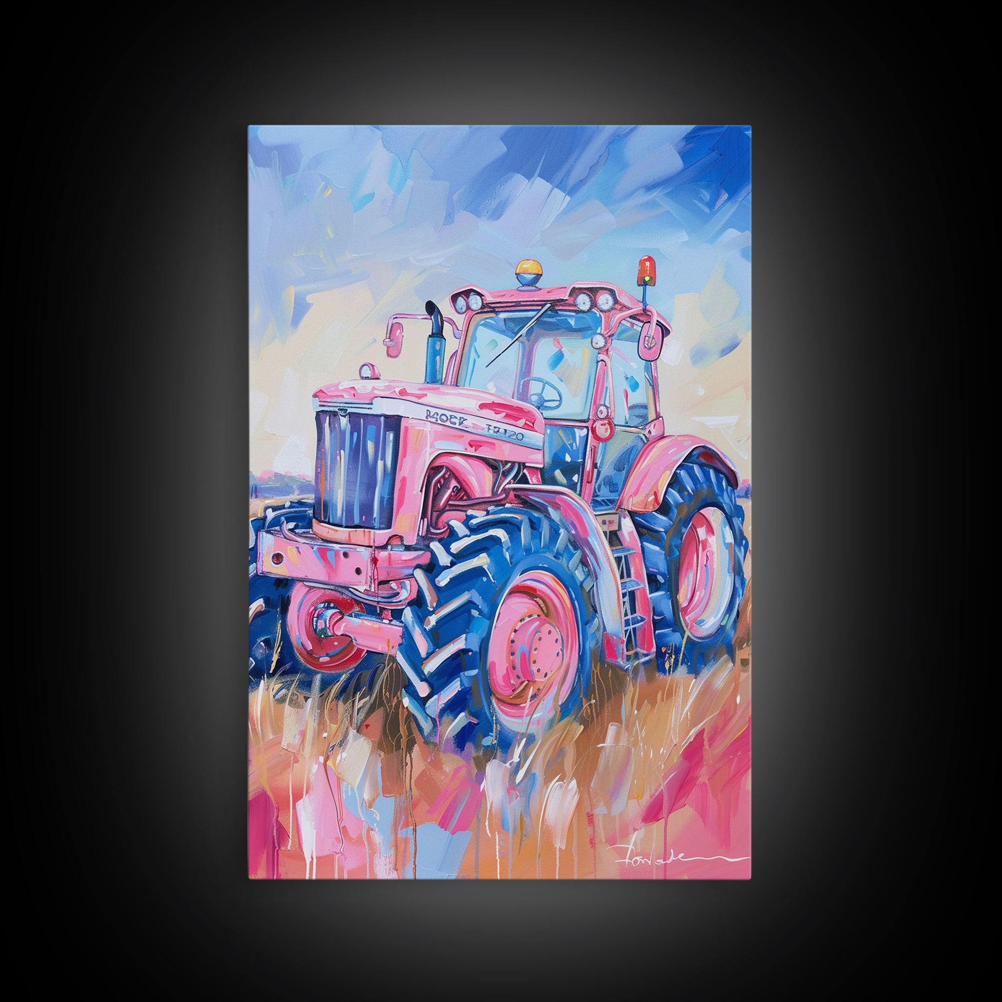 Vibrant Pink Tractor in Field with Blue Sky - Framed Canvas Print, Farmhouse Wall Art, Rustic Tractor Art for Living Room Decor