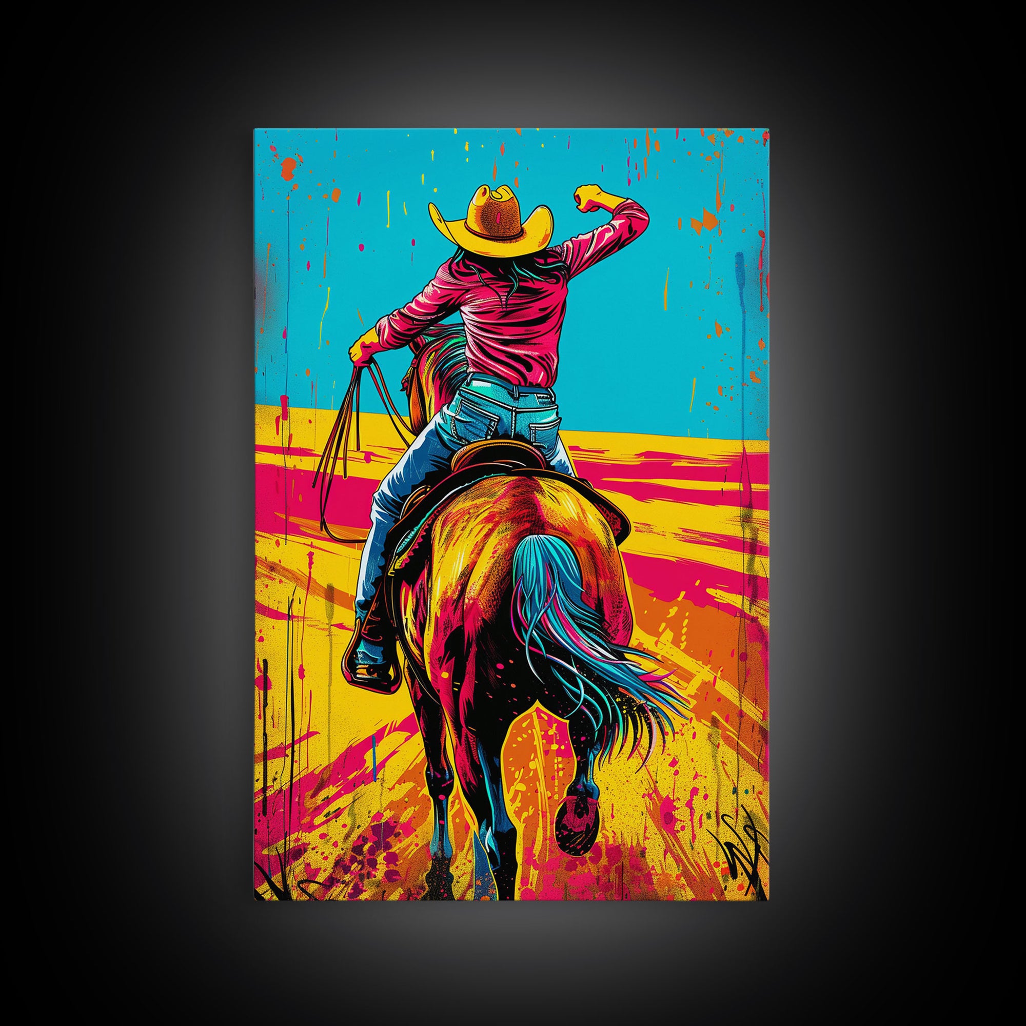 Vibrant Pop Art Cowboy on Horseback in Dynamic Colors - Framed Canvas Print, Western Decor, Cowboy Art for Living Room, Home Wall Art