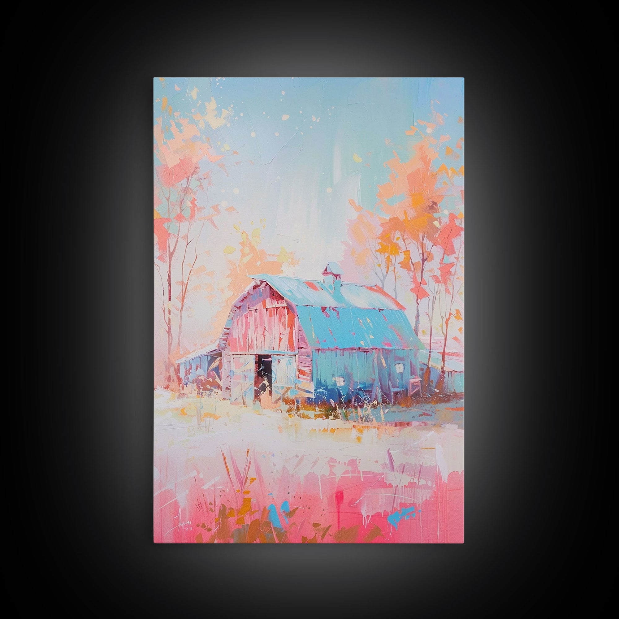 Vintage Pastel Barn with Blue Roof and Trees - Framed Canvas Print, Rustic Farmhouse Decor, Country Art for Home, Bedroom Wall Art