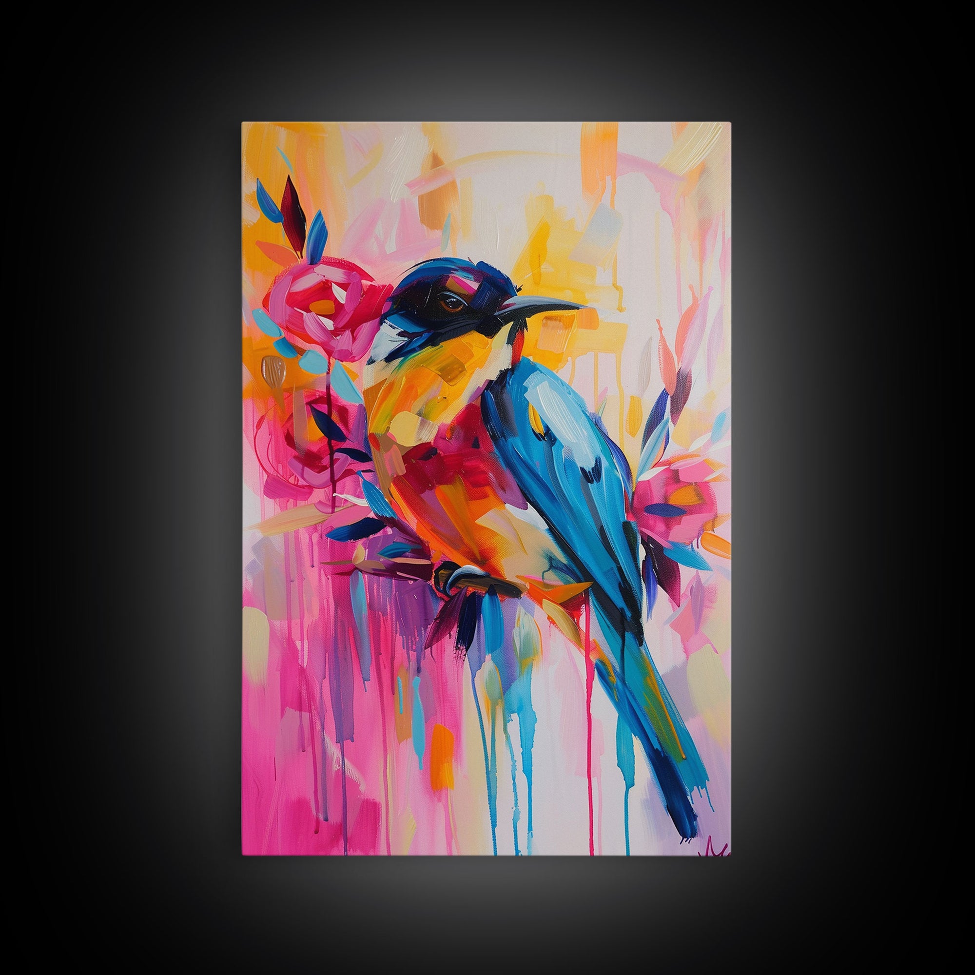 Vibrant Bird and Flowers in Colorful Pop Art Style - Framed Canvas Print Bird Decor, Floral Art for Living Room, Bright Wall Art for Bedroom