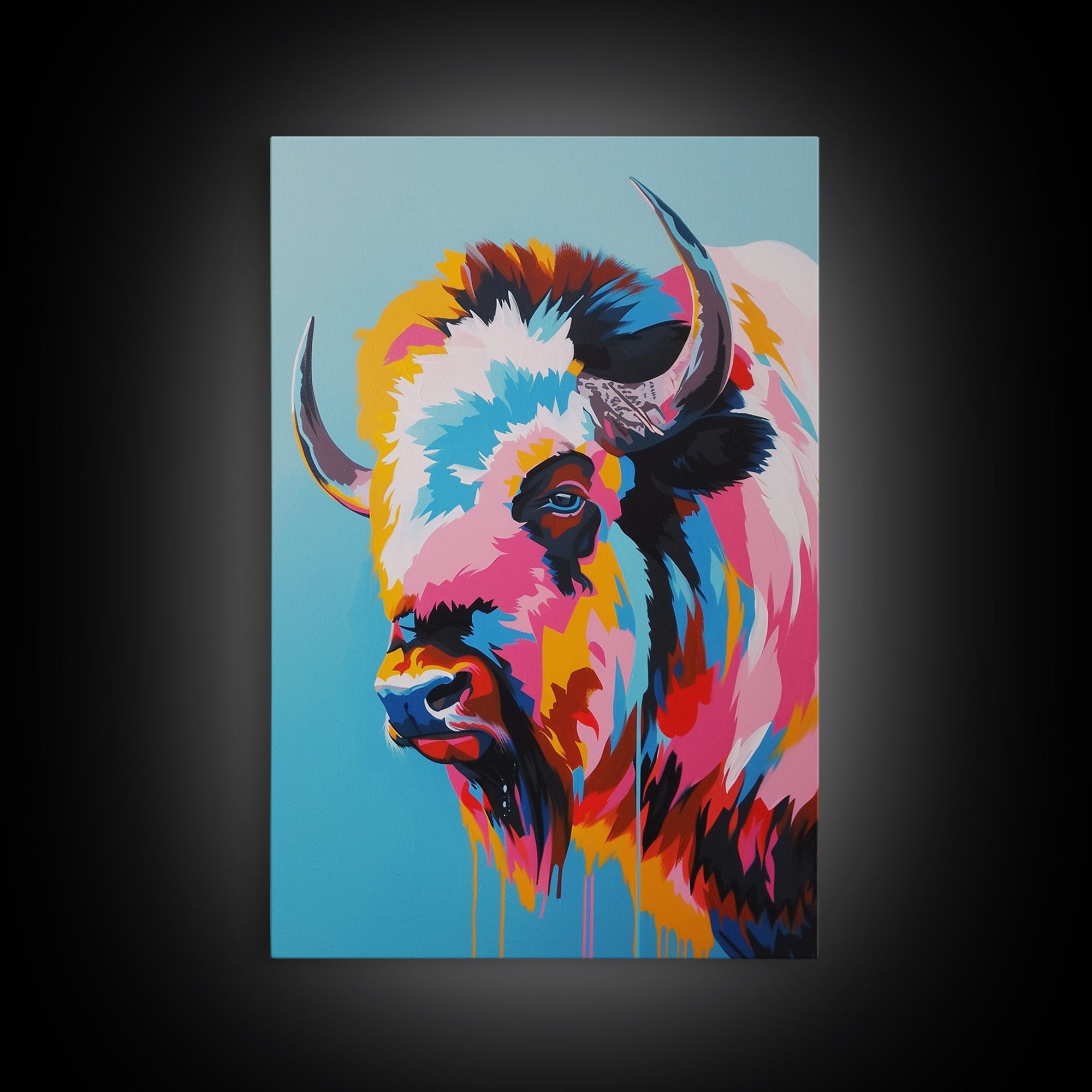 Vibrant Bison Portrait in Colorful Pop Art Style - Framed Canvas Print, Animal Decor, Bison Art for Living Room, Bright Wall Art for Home