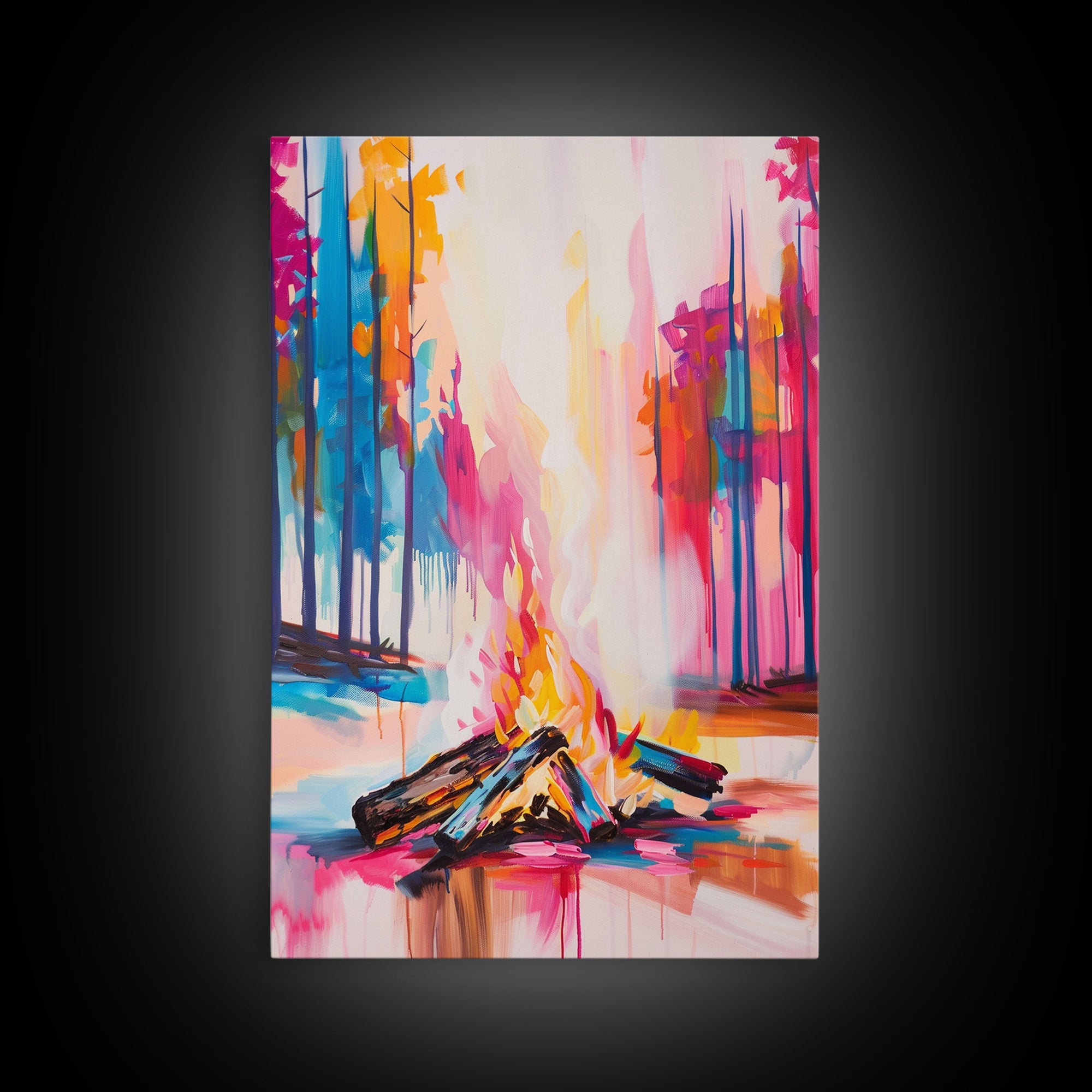 Vibrant Campfire Framed Canvas Print - Colorful Nature Wall Art, Living Room Decor, Modern Artwork, Unique Fire Art for Bedroom and Office