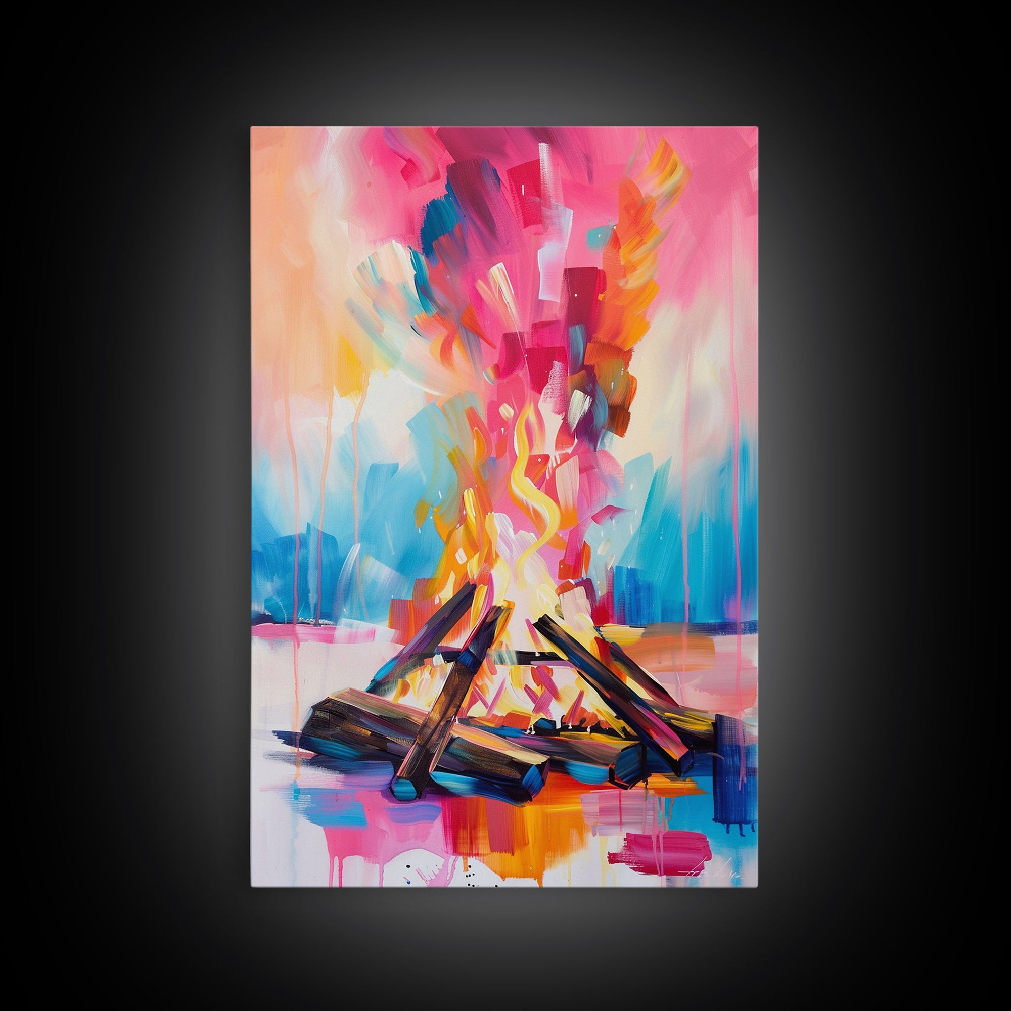 Abstract Campfire Framed Canvas Print - Colorful Fire Wall Art, Living Room Decor, Modern Artwork, Unique Nature Art for Bedroom and Office