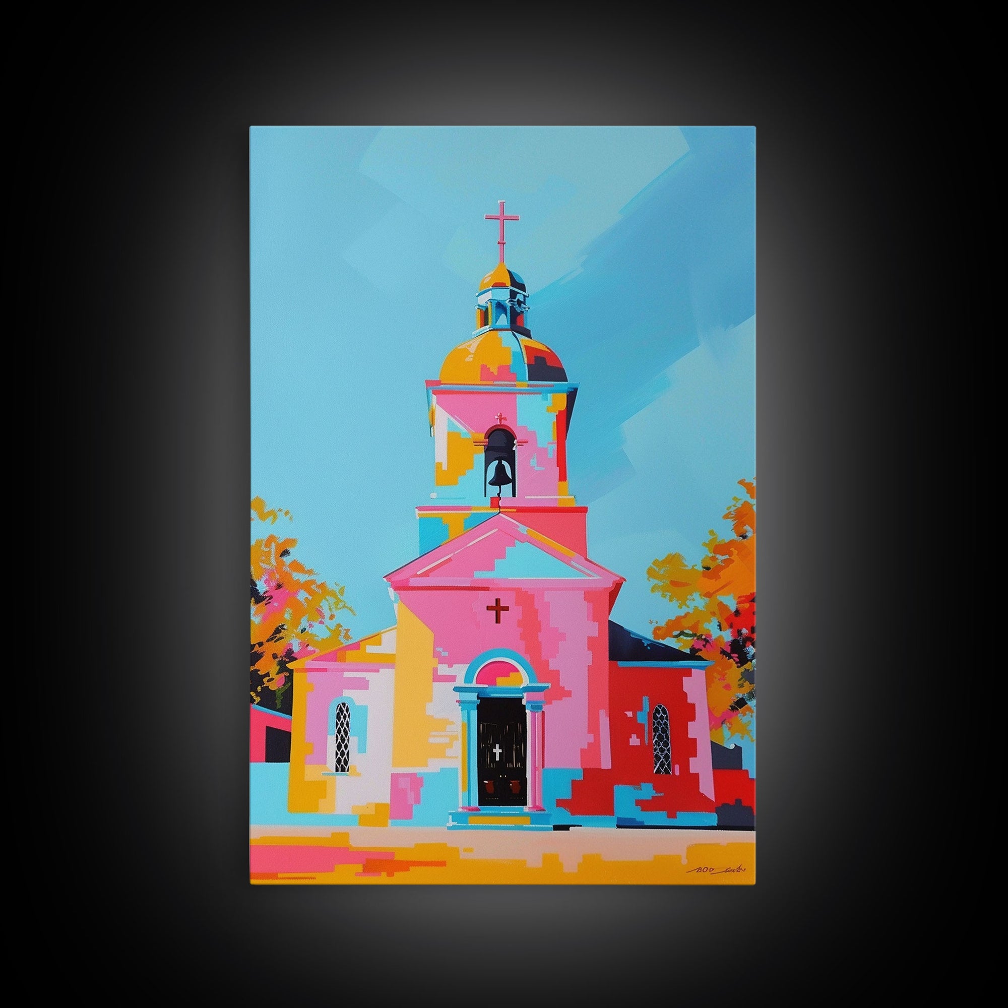 Abstract Church Painting with Bold Colors - Framed Canvas Print, Modern Religious Wall Art, Vibrant Church Decor for Home and Living Room