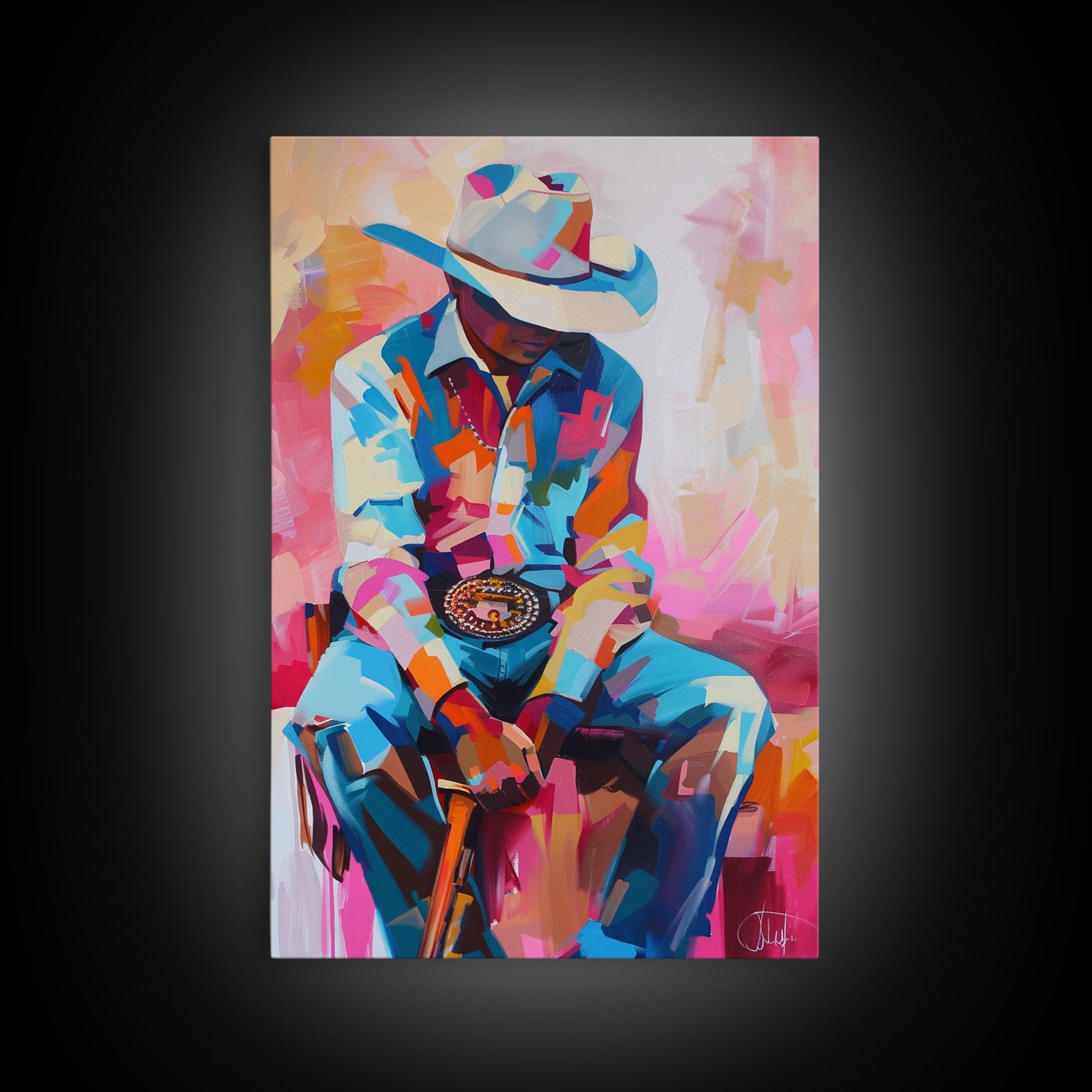 Vibrant Cowboy Portrait in Abstract Colors - Framed Canvas Print, Modern Western Decor, Colorful Cowboy Wall Art for Living Room or Bedroom