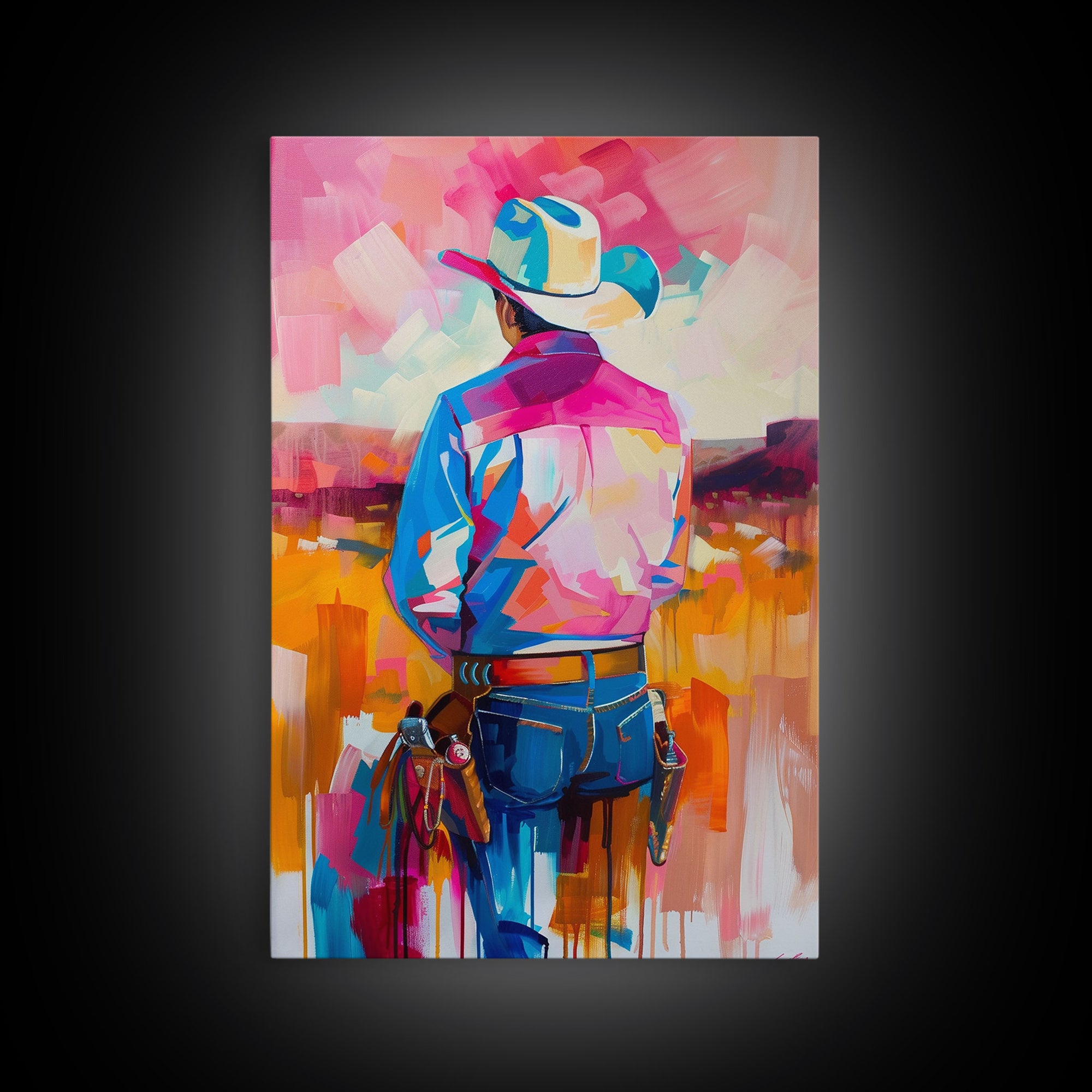 Abstract Cowboy Art in Pastel Hues - Framed Canvas Print, Contemporary Western Decor, Colorful Cowboy Wall Art for Living Room or Bedroom