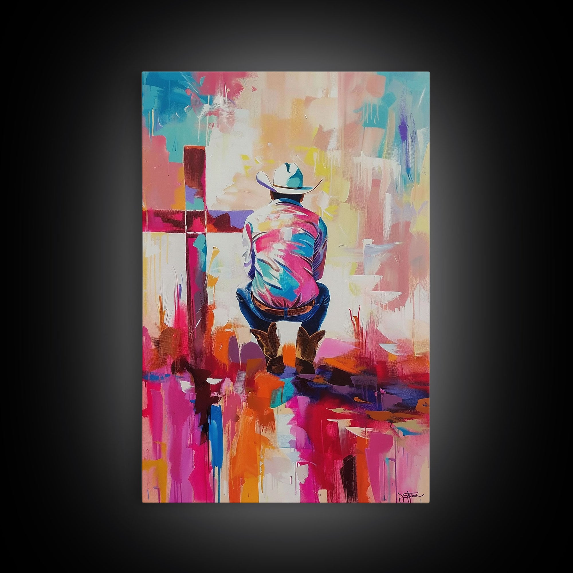 Abstract Cowboy with Cross in Bold Hues - Framed Canvas Print, Modern Western Decor, Vibrant Cowboy Wall Art for Living Room or Bedroom