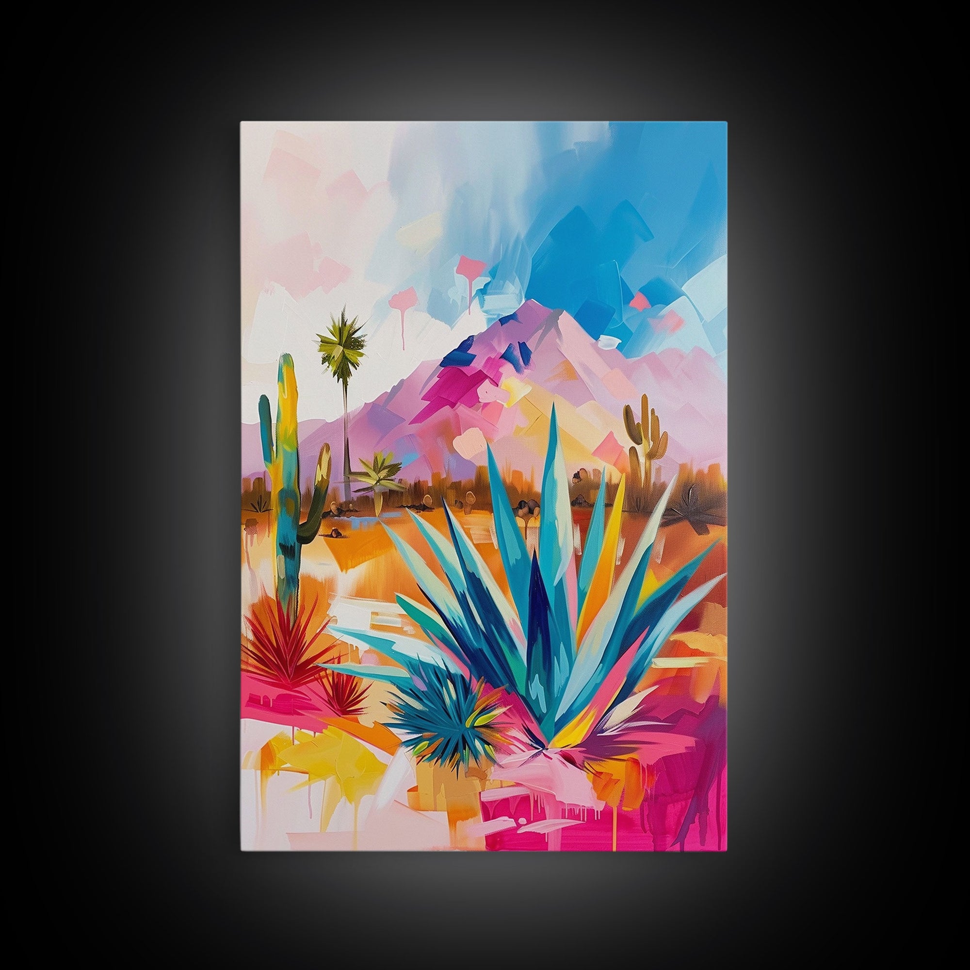 Vibrant Desert Landscape Art - Framed Canvas Print, Southwestern Decor, Modern Living Room Wall Art, Colorful Cactus and Mountains