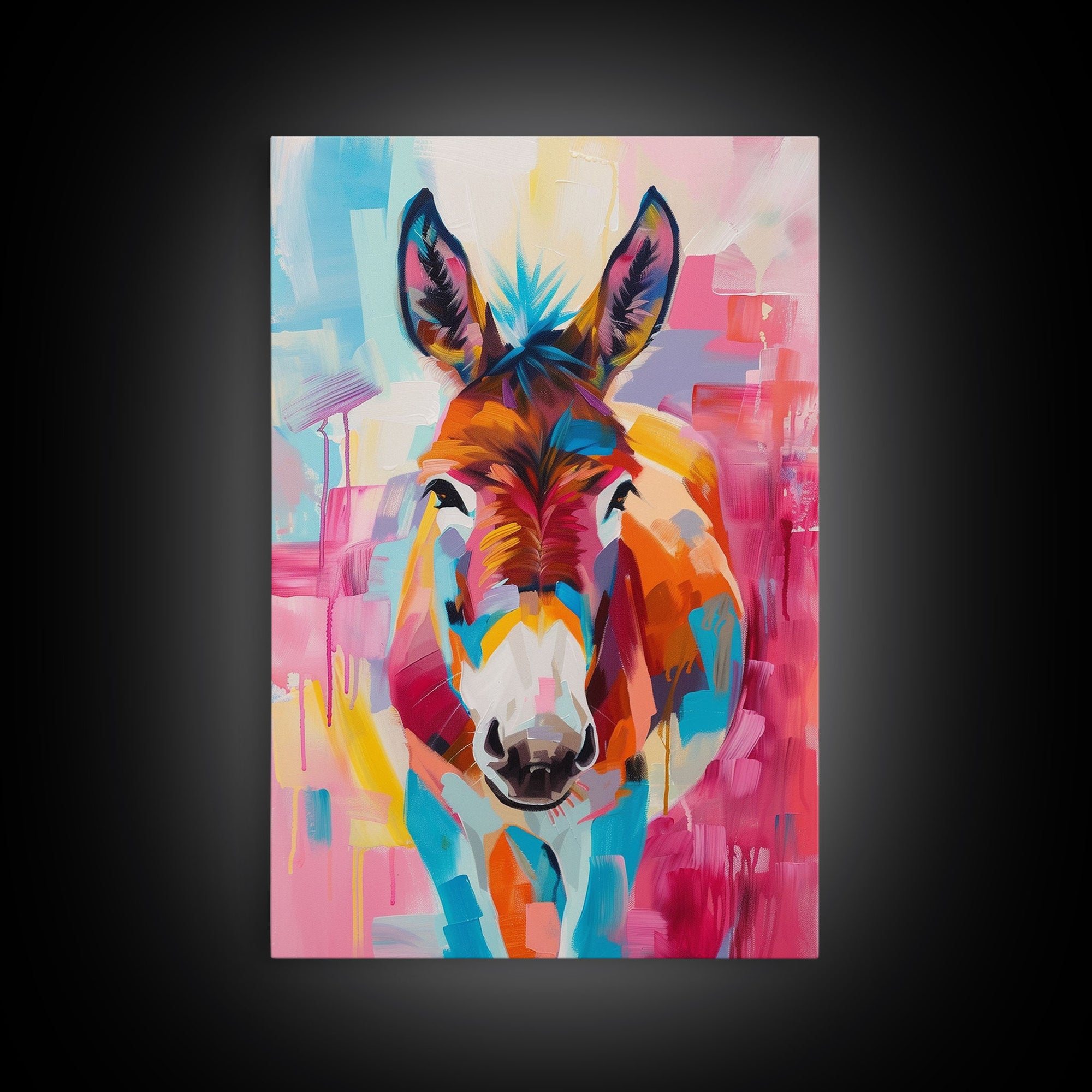 Vibrant Donkey Close-up Art - Framed Canvas Print, Southwestern Decor, Colorful Living Room Wall Art, Modern Animal Portrait