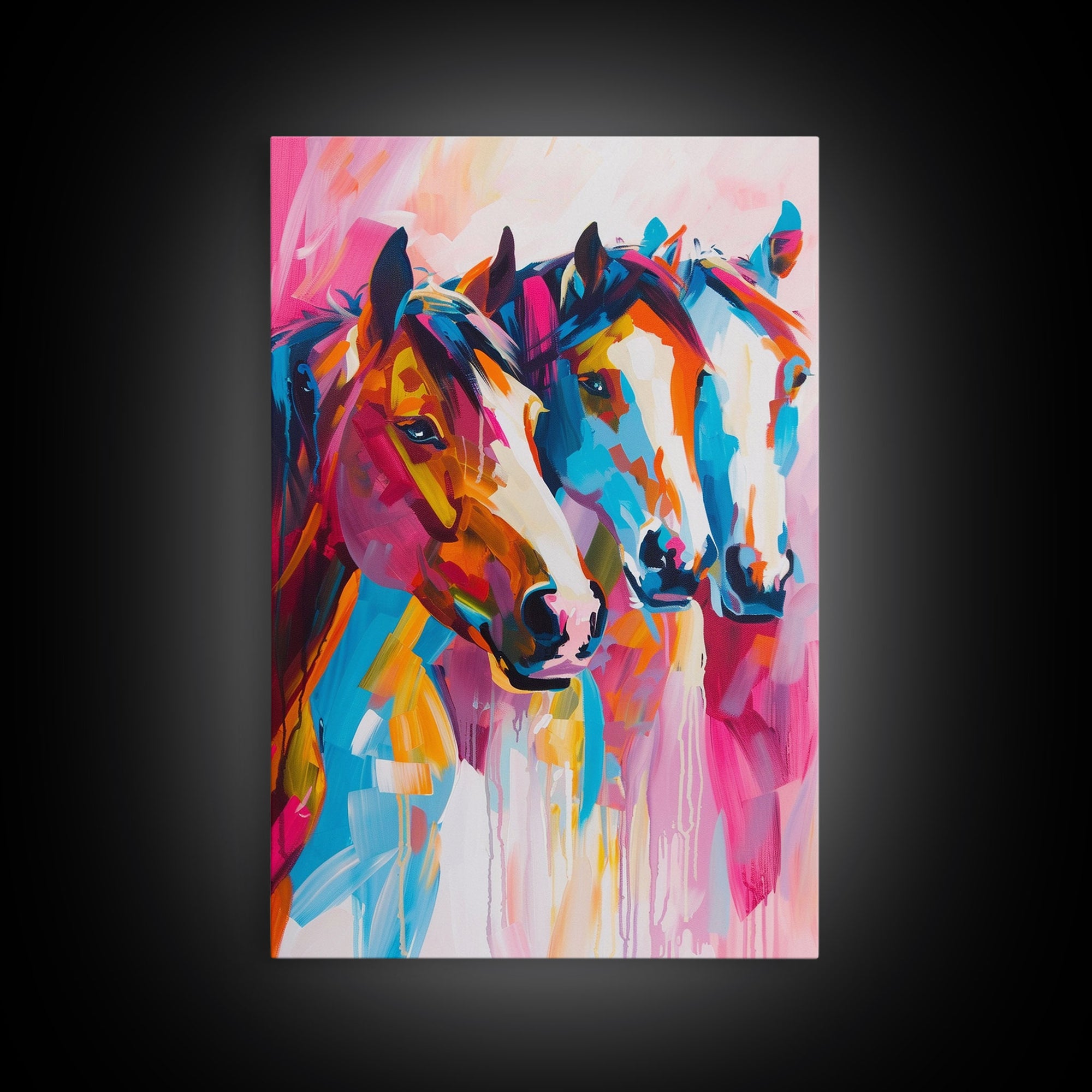 Three Horses in Vibrant Colors Framed Canvas Print - Bold Horse Wall Art, Eye-catching Living Room Decor Bright Bedroom Art Horse Lover Gift