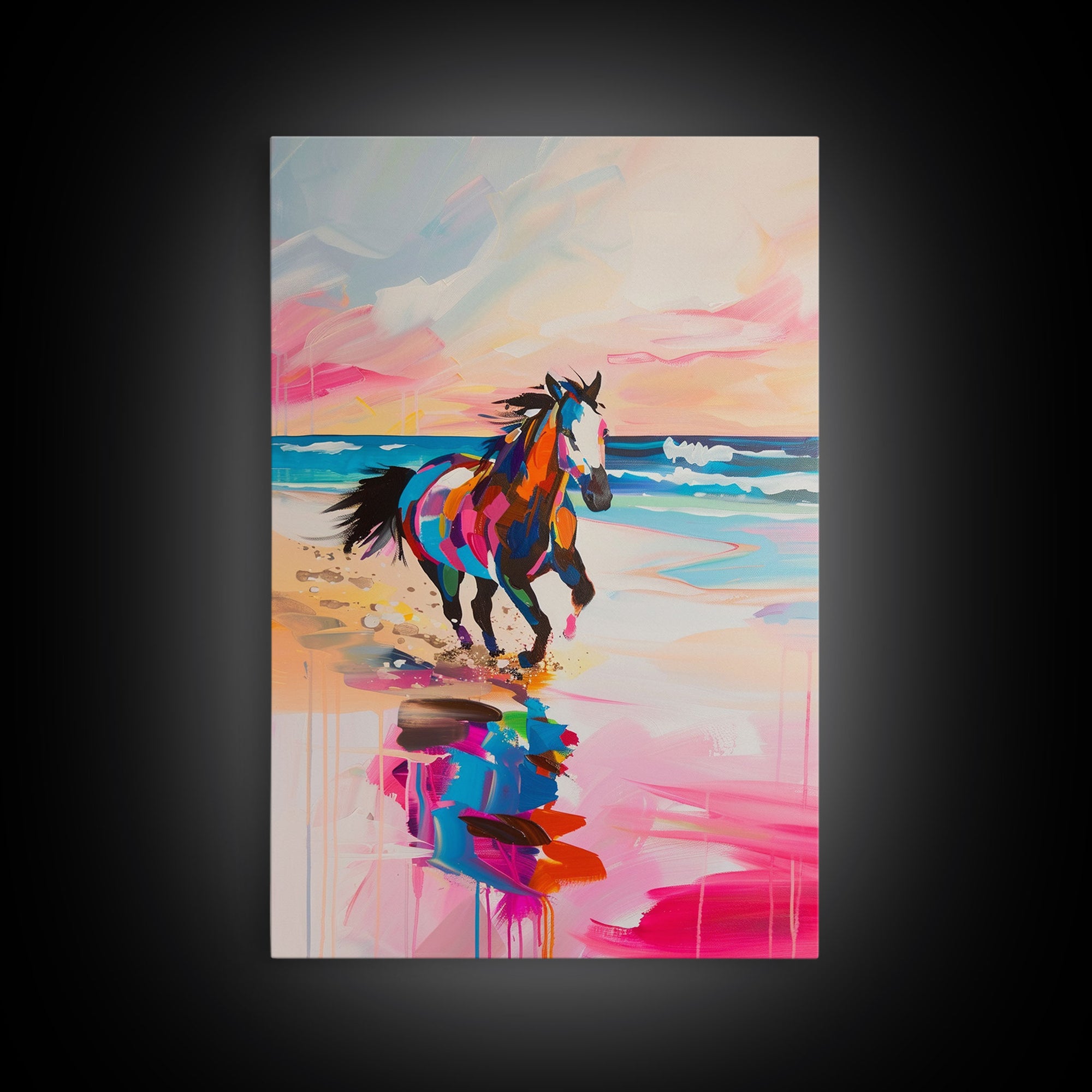 Vibrant Horse on the Beach - Framed Canvas Print, Colorful Wall Art, Coastal Living Room Decor, Modern Horse Artwork, Beach Art Print