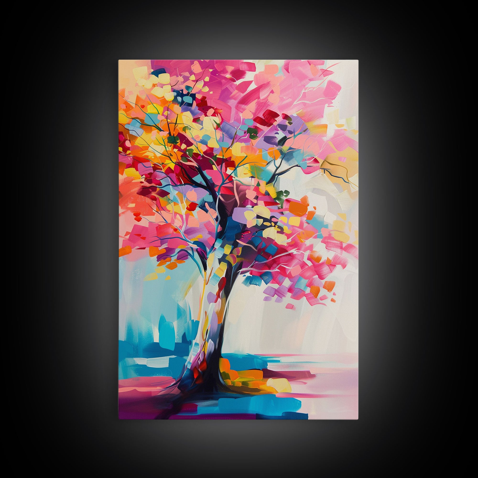 Vibrant Tree Art in Bold Colors - Framed Canvas Print, Modern Wall Art, Living Room Decor, Colorful Nature Artwork, Abstract Tree Art Print