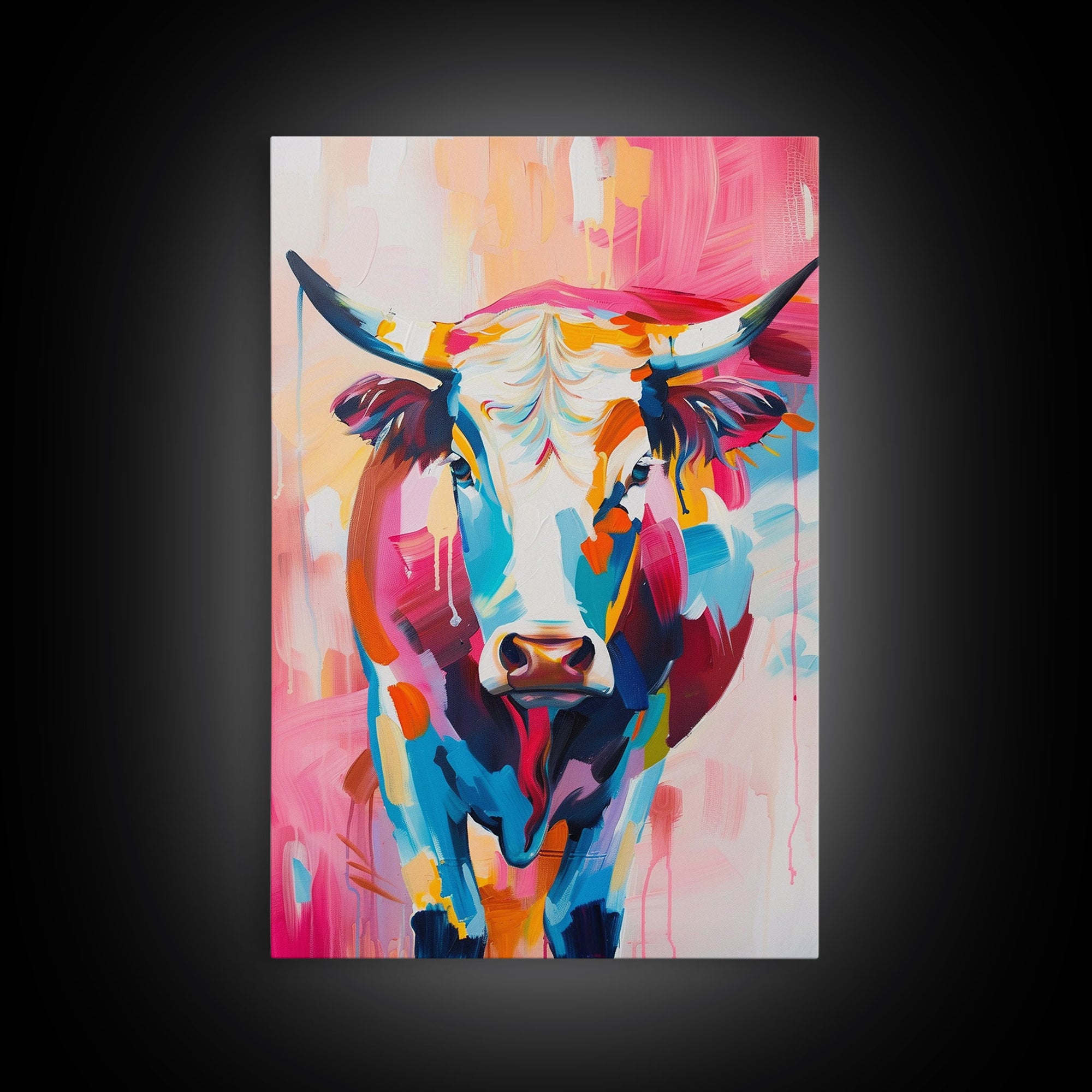 Vibrant Cow Head in Bold Colors - Framed Canvas Print, Modern Wall Art, Living Room Decor Colorful Animal Artwork, Cow Portrait, Bedroom Art