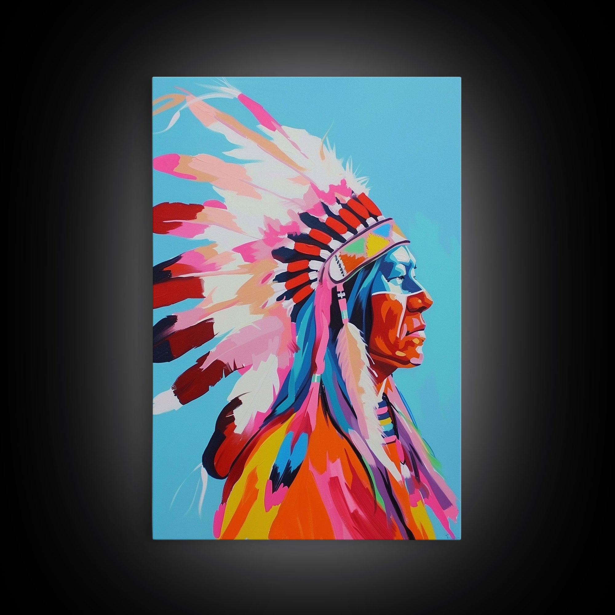 Vibrant Native American Chief Framed Canvas Print - Bold Wall Art, Living Room Decor, Colorful Tribal Art for Bedroom, Home Decor