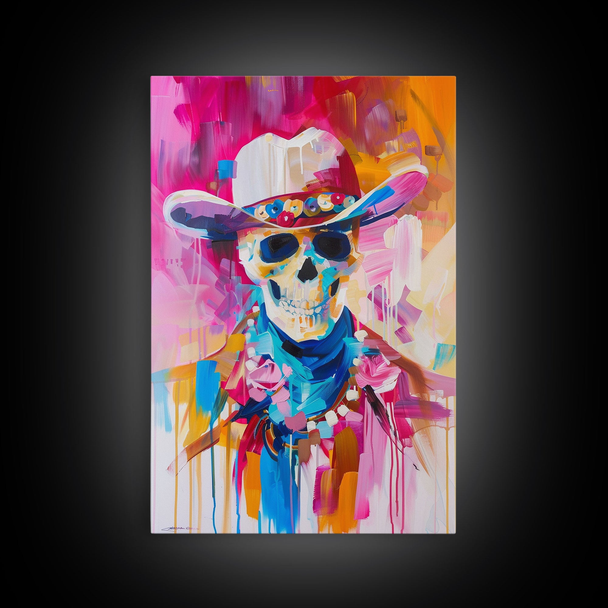 Vibrant Skeleton Cowboy Art - Framed Canvas Print, Colorful Western Decor, Skull Art, Living Room Wall Art, Unique Home Decor