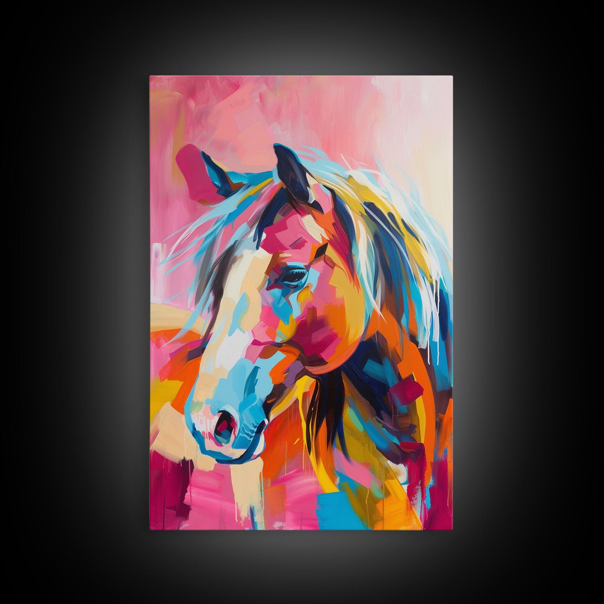 Vibrant Horse Head Painting - Framed Canvas Print, Colorful Living Room Decor, Bold Wall Art, Unique Home Decor