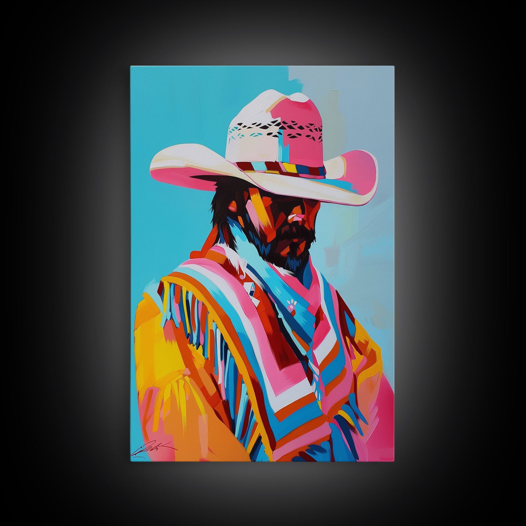 Vibrant Cowboy Portrait - Framed Canvas Print, Colorful Living Room Decor, Bold Wall Art, Unique Home Decor