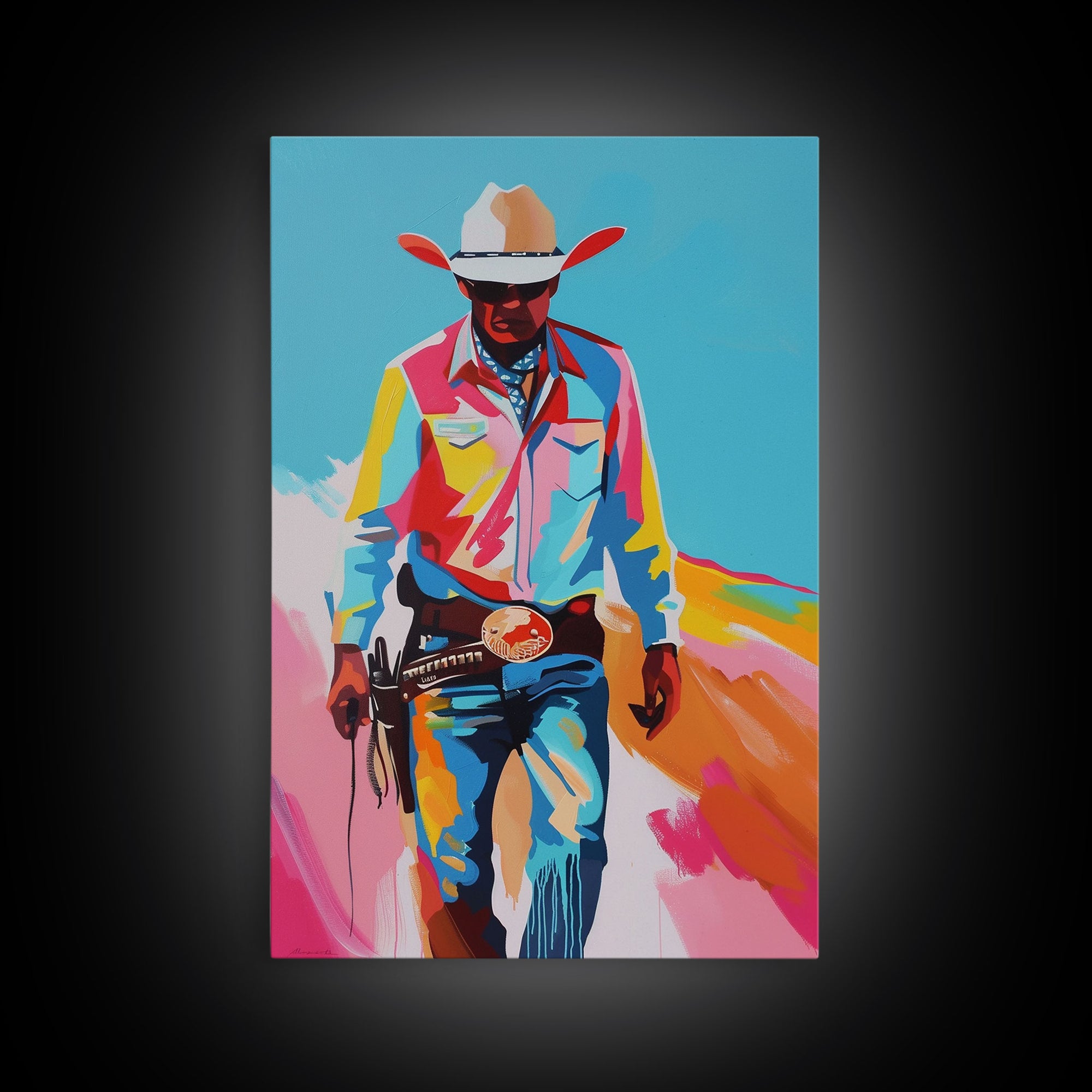 Vibrant Cowboy in Desert Silhouette - Framed Canvas Print, Colorful Western Art, Modern Cowboy Wall Art for Living Room Decor