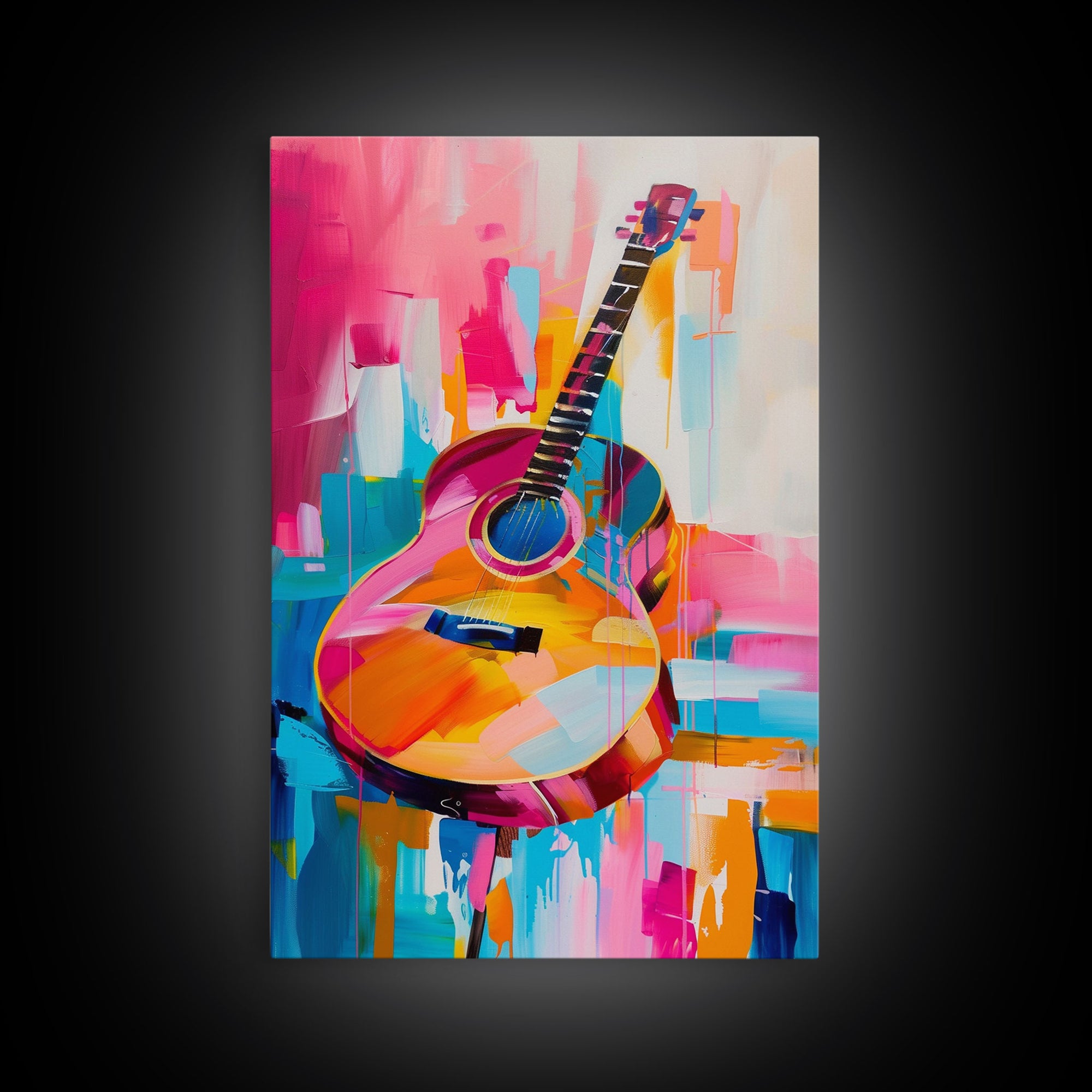 Vibrant Acoustic Guitar Painting - Framed Canvas Print, Colorful Western Art, Musical Wall Art for Living Room Decor