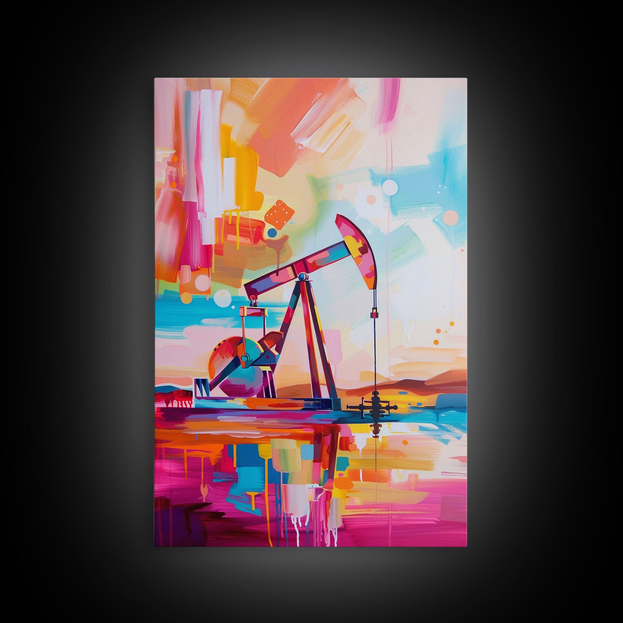 Vibrant Abstract Oil Rig Art - Framed Canvas Print, Modern Industrial Decor, Colorful Oil Pump Wall Art, Unique Living Room Artwork