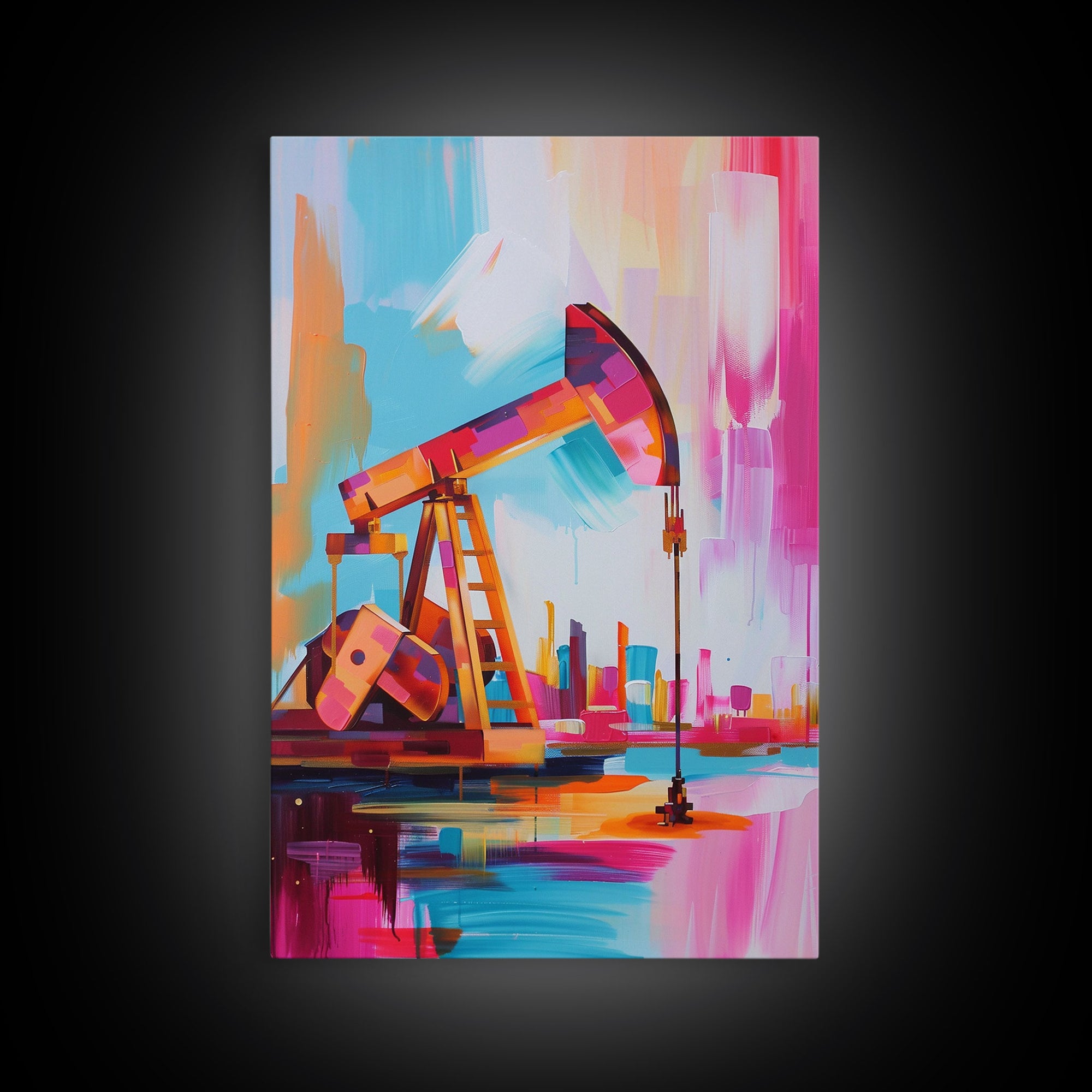 Colorful Oil Derrick Canvas Art - Framed Canvas Print, Contemporary Industrial Decor, Modern Oil Rig Wall Art, Bold Bedroom Decor