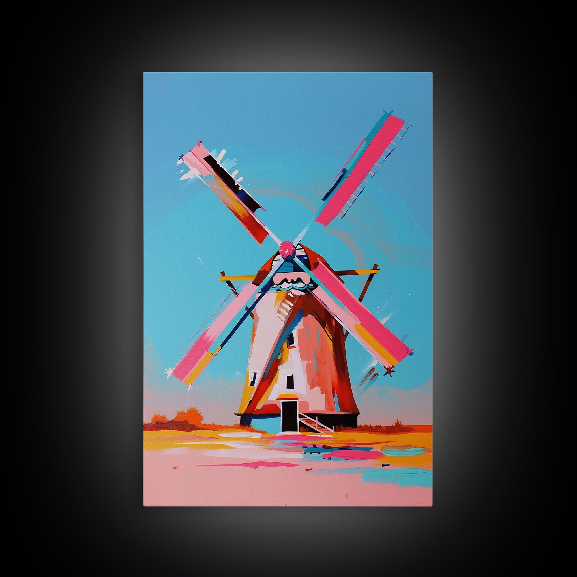 Playful Windmill Canvas Art - Framed Canvas Print, Modern Farmhouse Decor, Bright Windmill Wall Art, Vibrant Bedroom Artwork