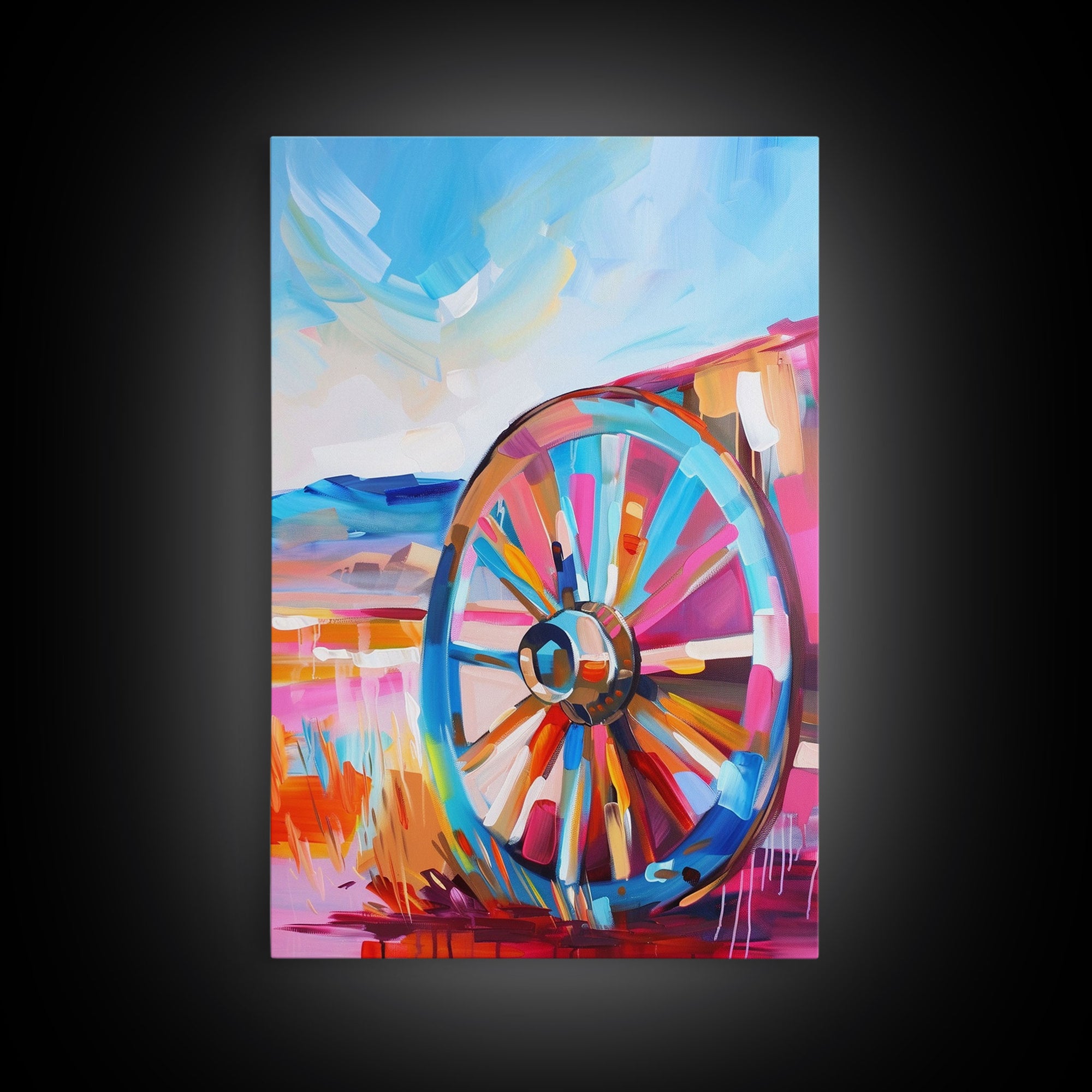 Rustic Wagon Wheel Art - Framed Canvas Print, Colorful Farmhouse Decor, Vibrant Wheel Wall Art, Unique Living Room Artwork