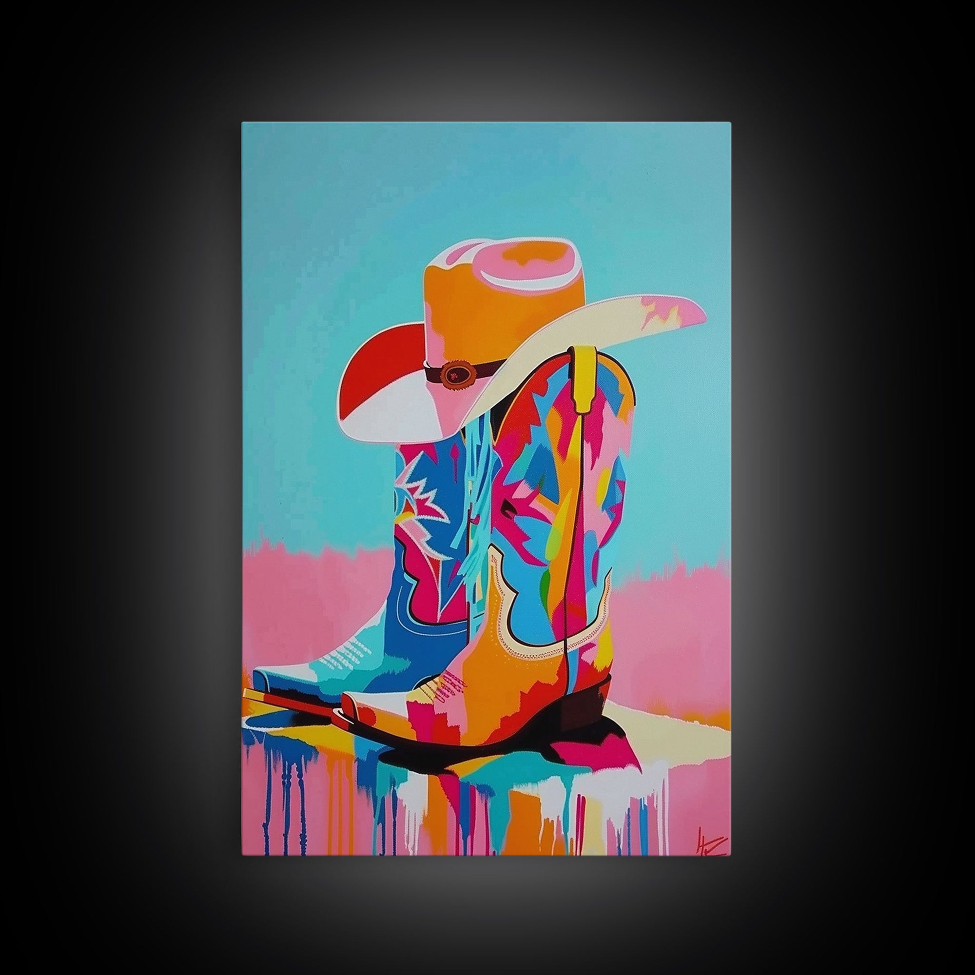 Colorful Cowboy Boots and Hat Illustration - Framed Canvas Print, Vibrant Western Decor, Cowboy Art for Living Room, Western Wall Art