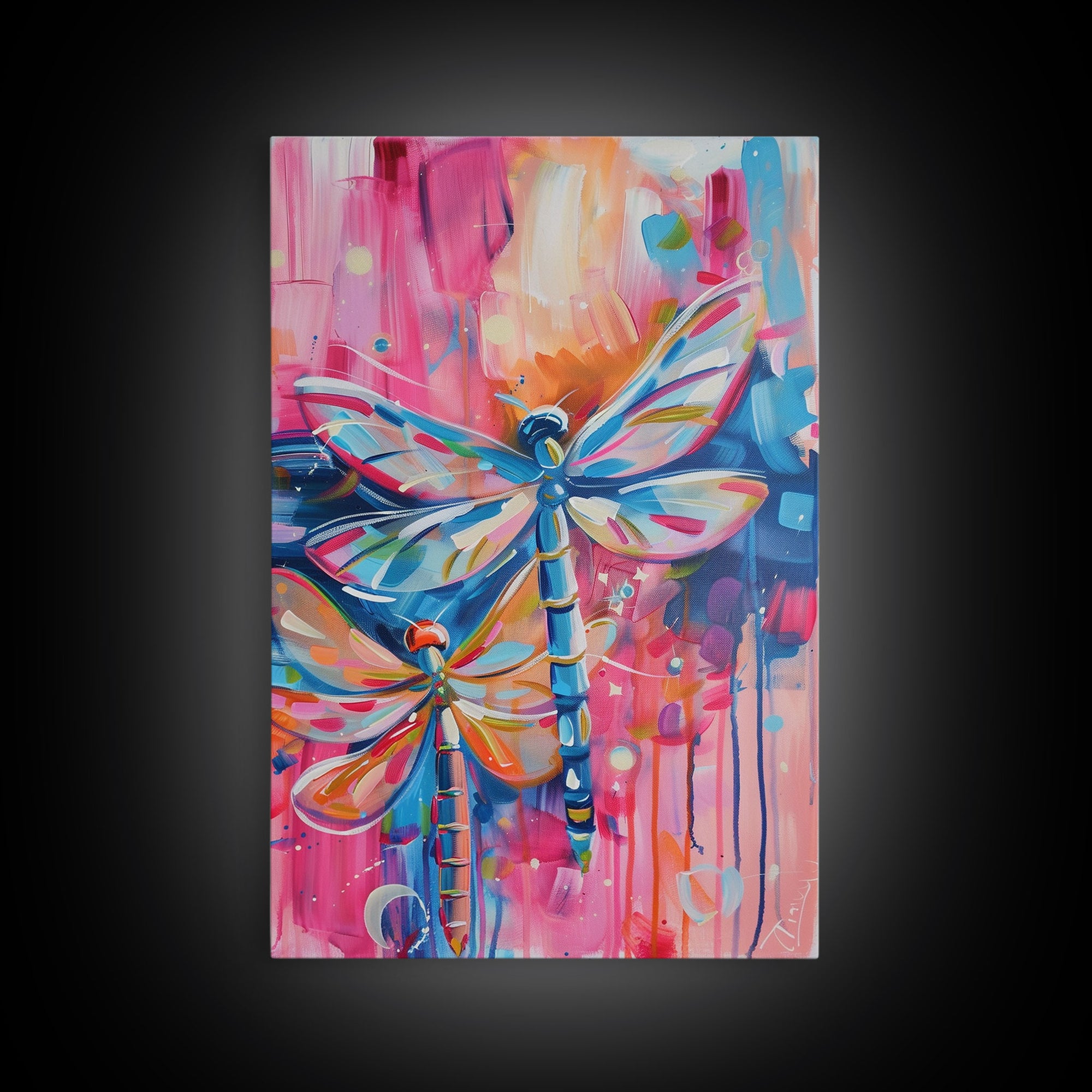 Vibrant Dragonflies in Abstract Background - Framed Canvas Print, Nature-Inspired Art, Colorful Insect Decor, Living Room Wall Art