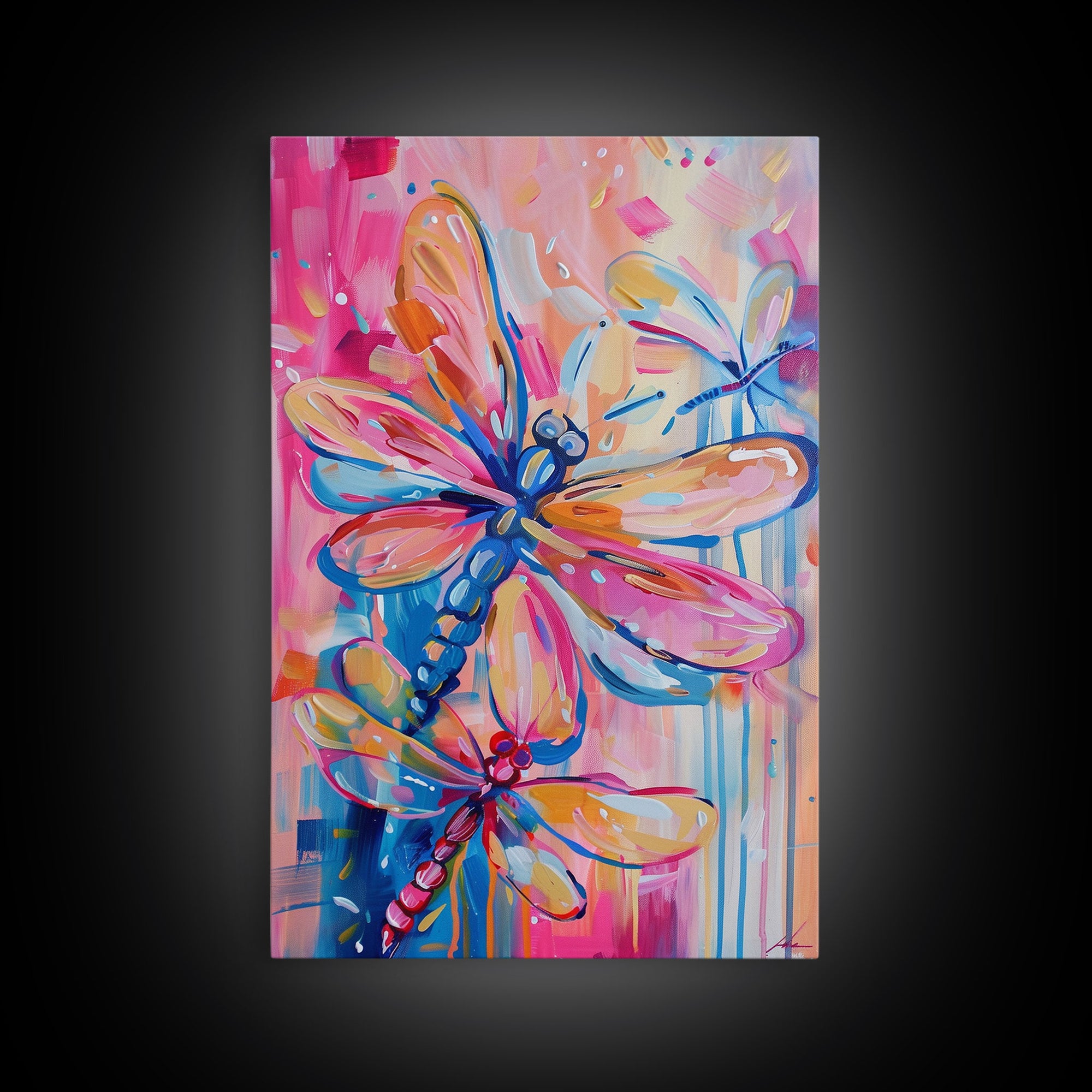 Trio of Colorful Dragonflies in Abstract Art - Framed Canvas Print, Nature-Inspired Wall Art, Vibrant Living Room Decor, Bedroom Art