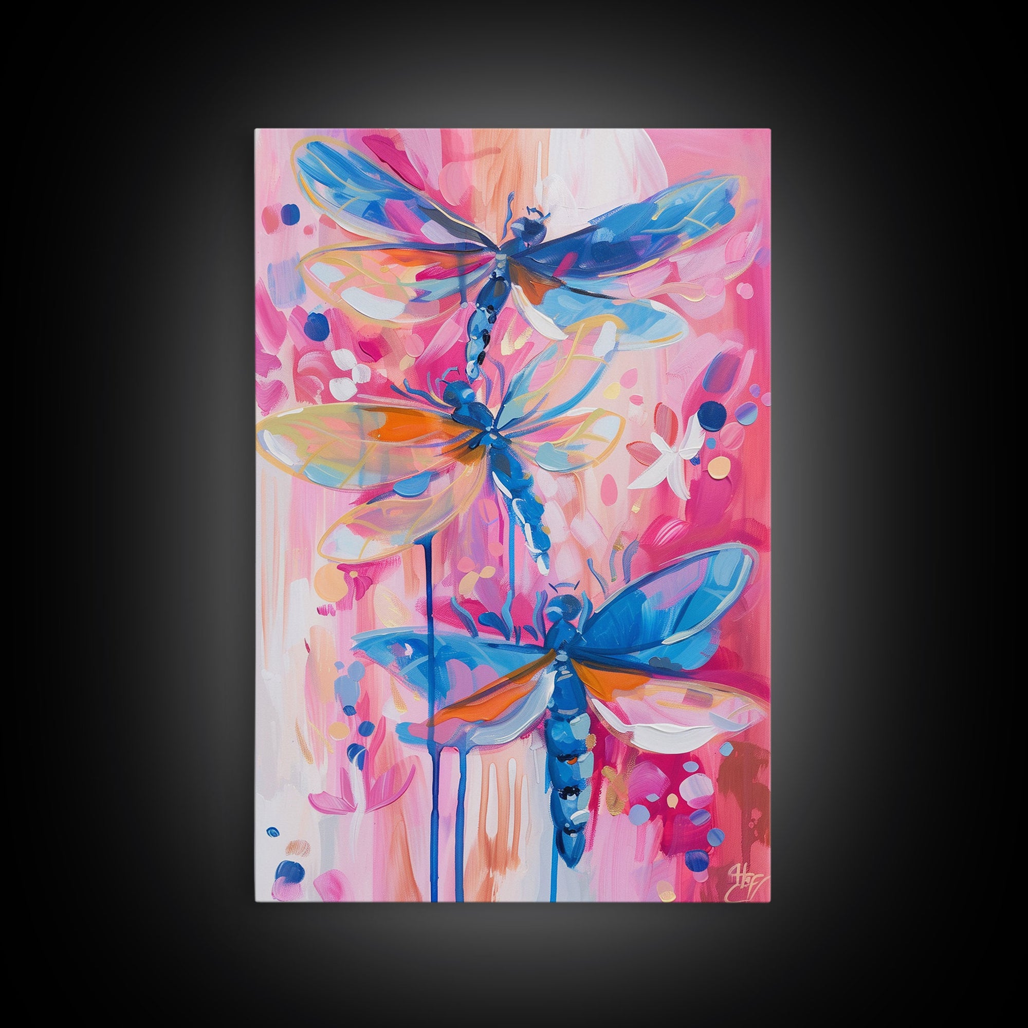 Abstract Dragonfly Trio in Vibrant Colors - Framed Canvas Print, Colorful Nature Art, Living Room Decor, Bedroom Wall Art