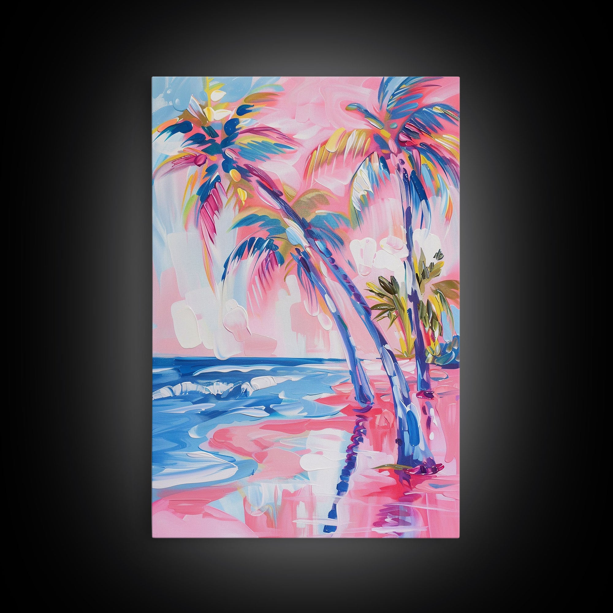 Vibrant Palm Trees and Ocean Waves in Abstract Style - Framed Canvas Print, Coastal Wall Art, Tropical Beach Decor for Living Room