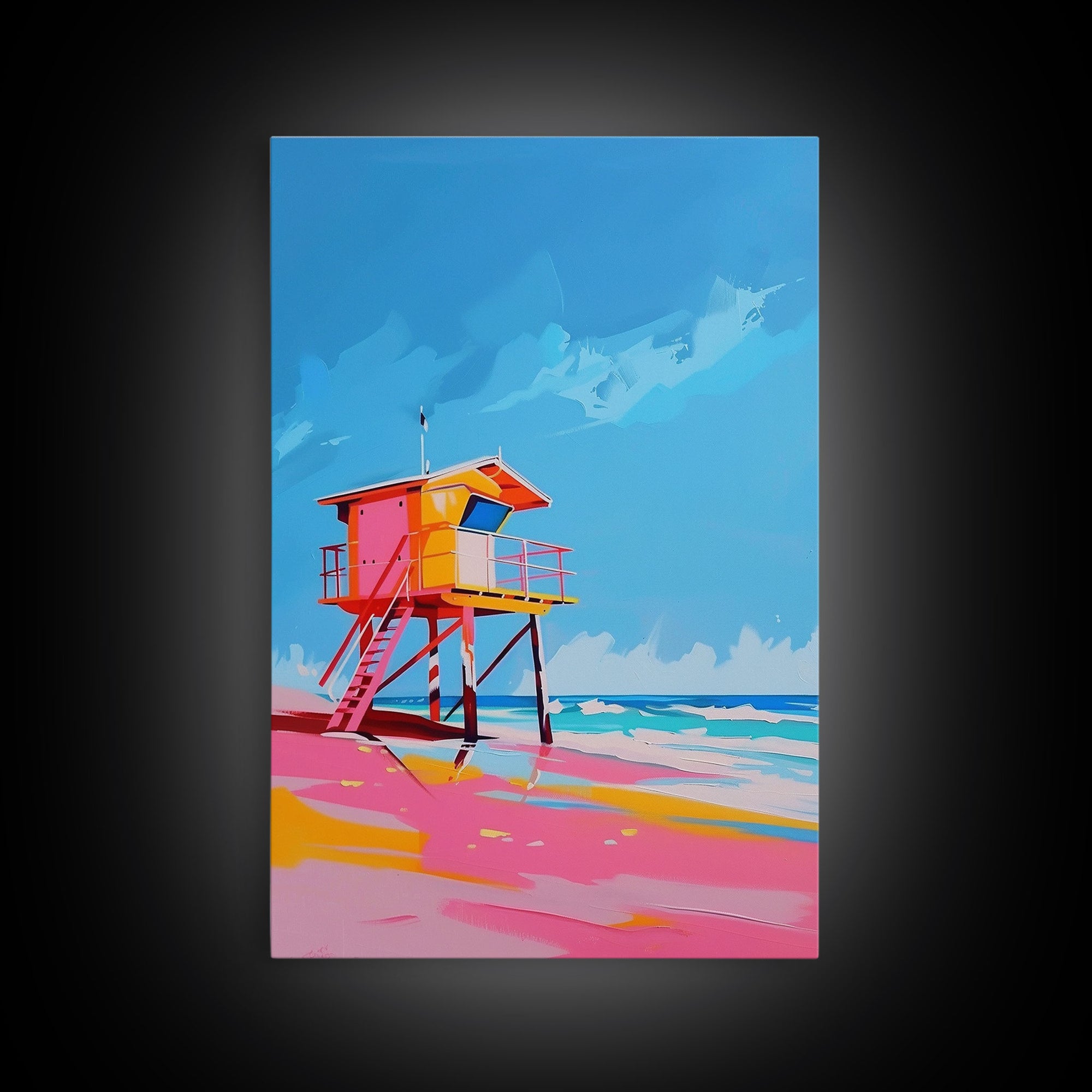 Colorful Lifeguard Tower on Sunny Beach - Framed Canvas Print, Beach House Decor, Coastal Art for Living Room or Office