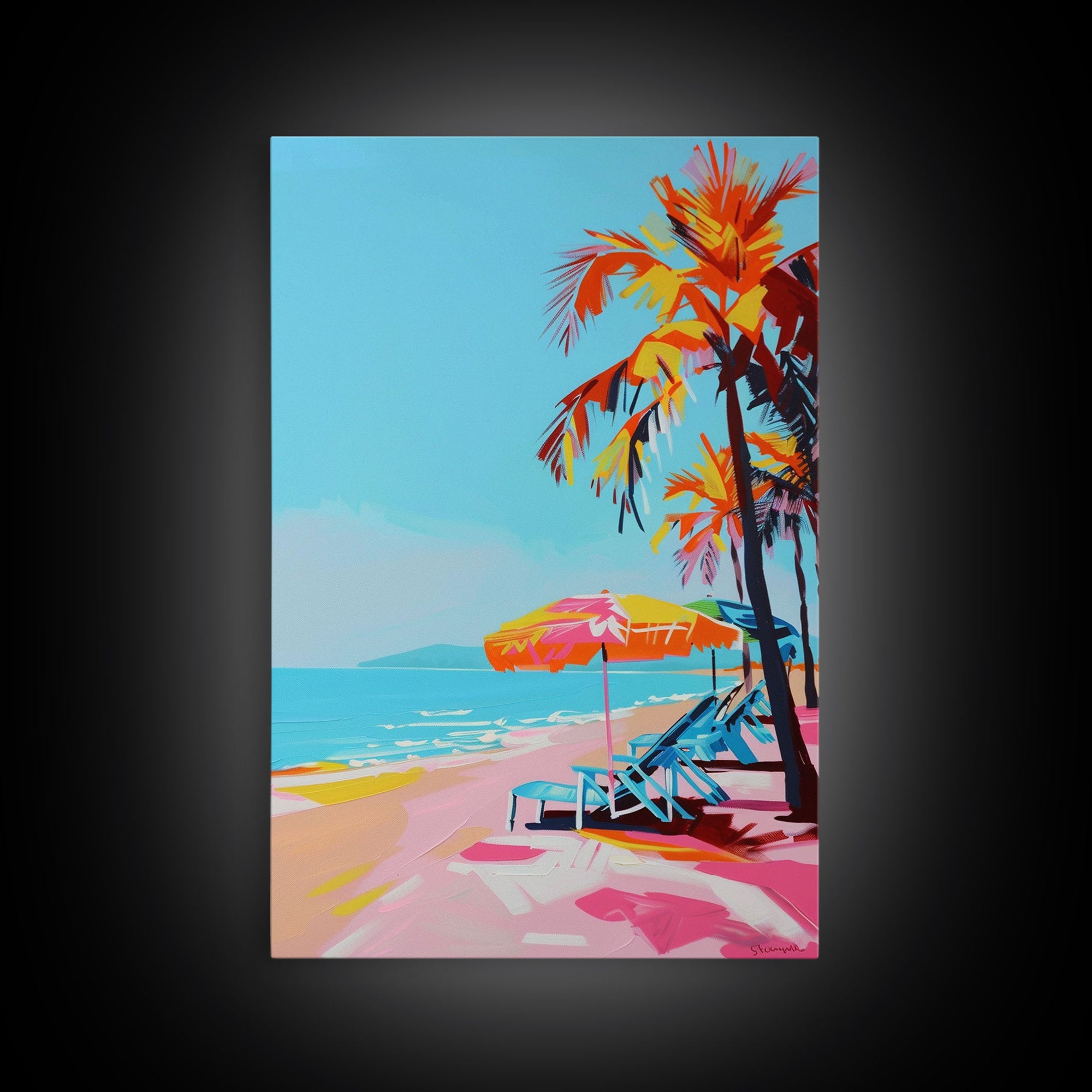 Palm Trees and Sun Loungers on Tropical Beach - Framed Canvas Print, Vacation Paradise Art, Beach Decor for Living Room