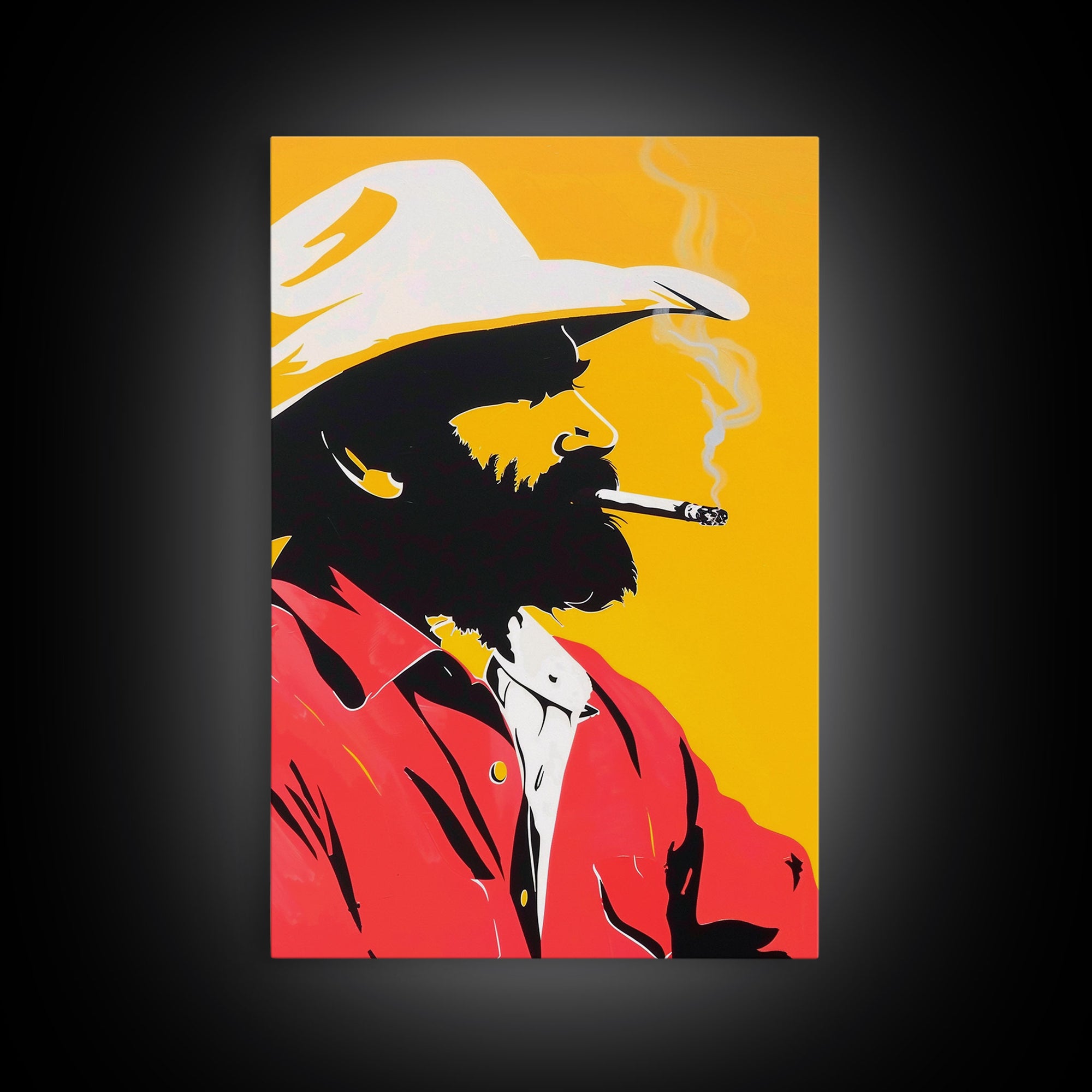 Silhouette of Bearded Man Smoking - Framed Canvas Print, Bold Pop Art, Modern Wall Art for Living Room or Man Cave