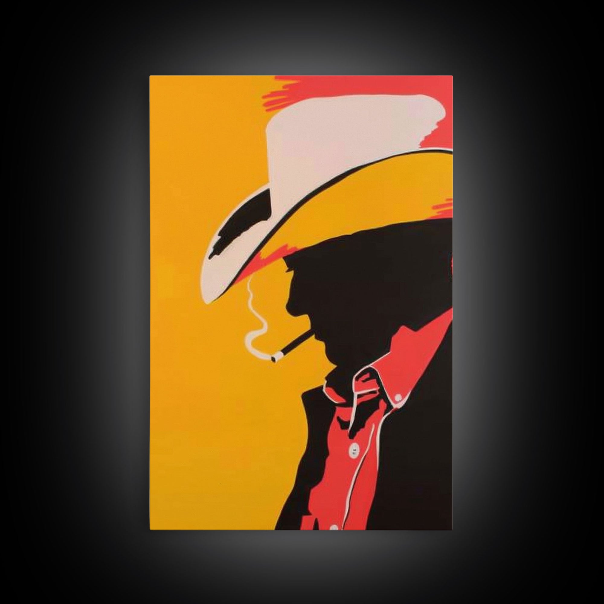 Cowboy Silhouette with Hat and Cigarette - Framed Canvas Print, Western Pop Art, Rustic Decor for Living Room or Office