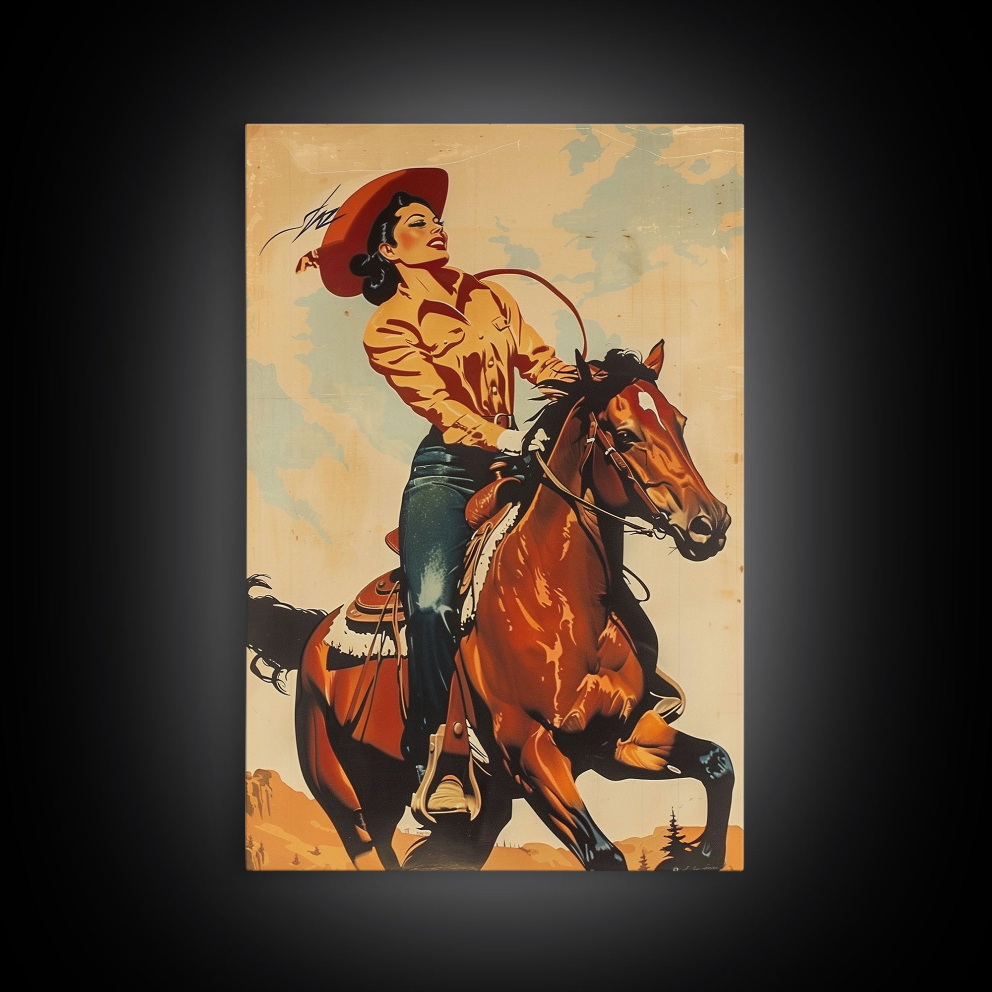 Dynamic Cowgirl on Horseback in Action | Framed Canvas Print | Western Wall Art | Living Room Decor | Rustic Home Decor