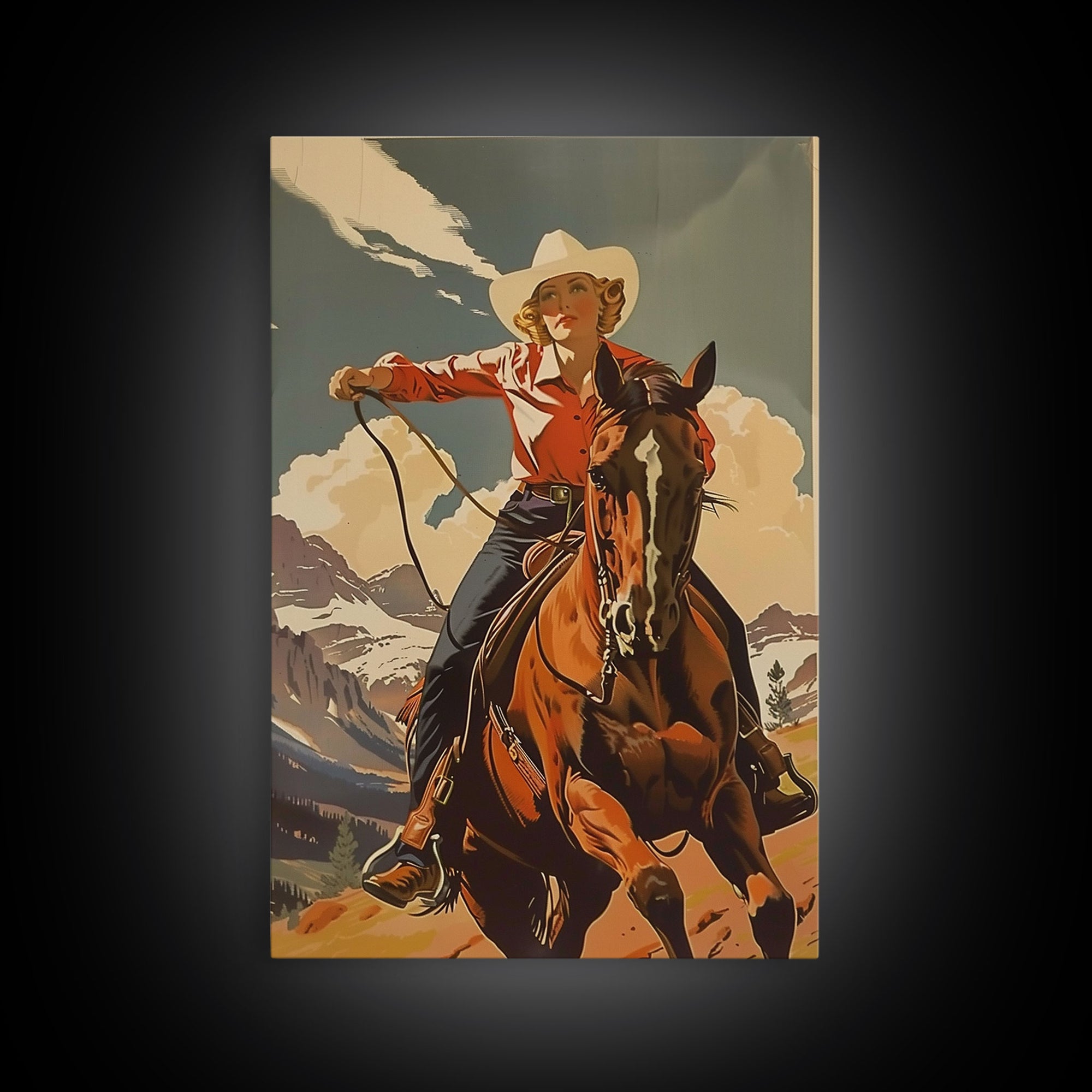 Brave Cowgirl in Mountains with Horse | Framed Canvas Print | Western Wall Art | Living Room Decor | Rustic Home Decor