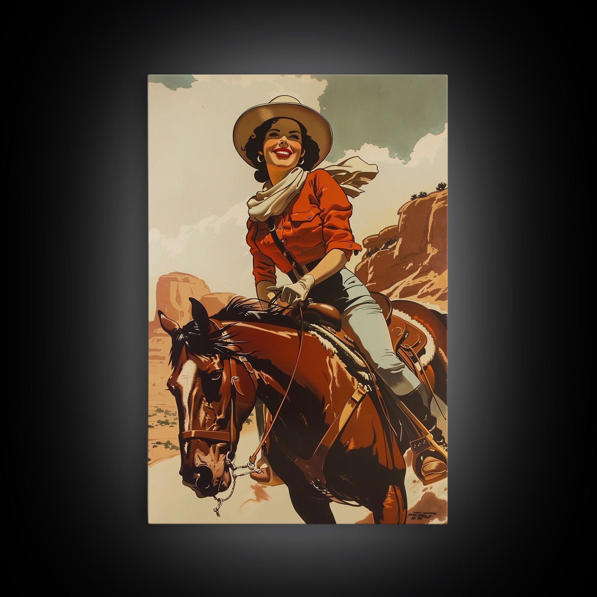 Smiling Cowgirl Riding Through Desert | Framed Canvas Print | Western Wall Art | Living Room Decor | Rustic Home Decor